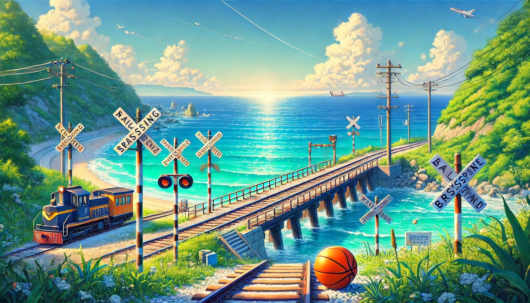 A beautiful seaside with a railroad crossing and a basketball, with a clear blue ocean in the background.