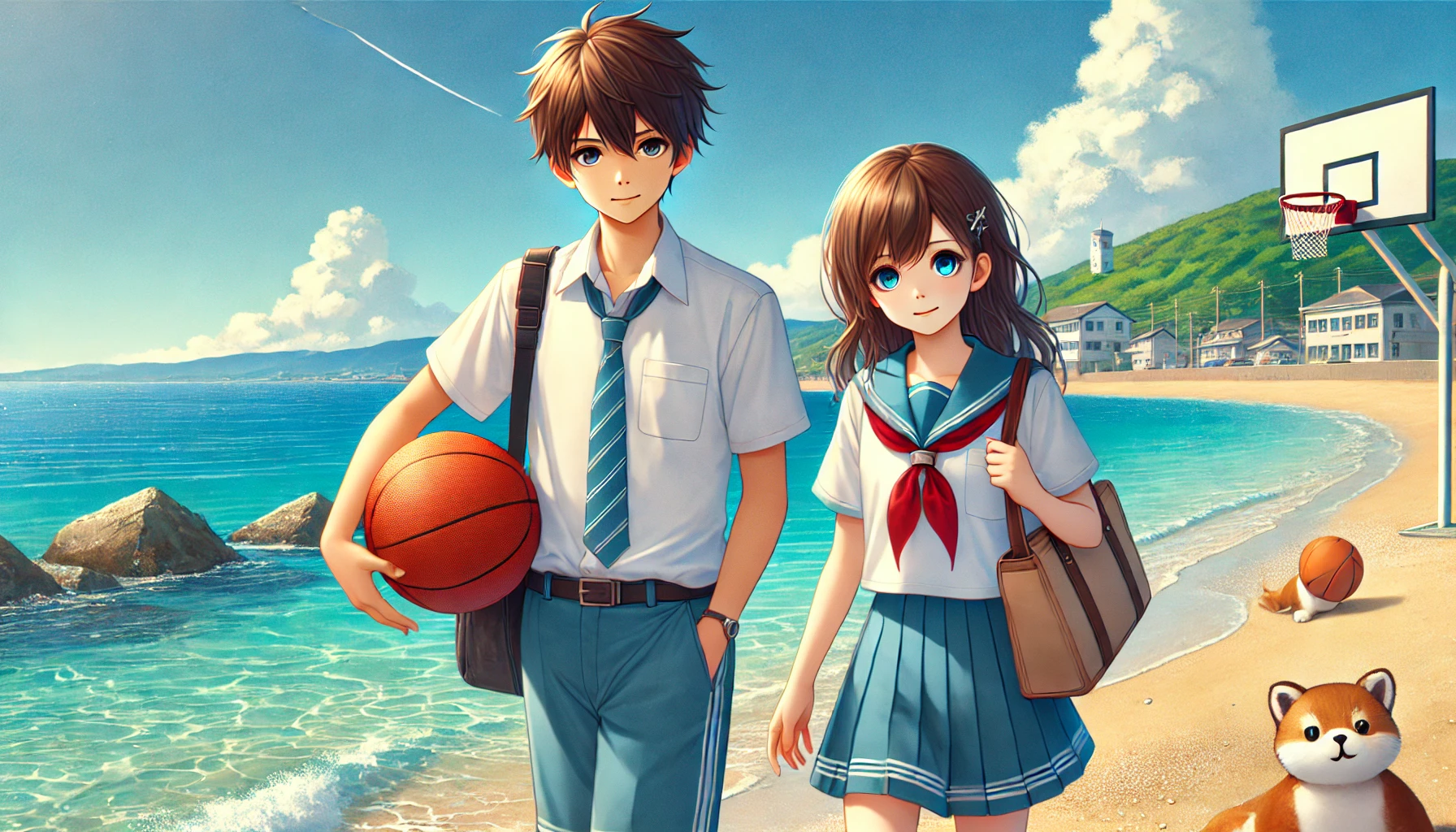 A beautiful seaside with a boy and a girl in high school uniforms walking while holding a basketball, against a clear blue ocean backdrop.