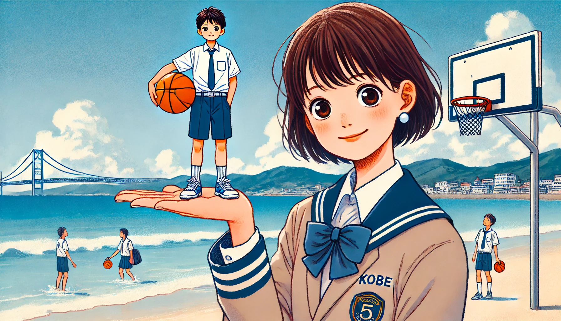 A Japanese high school girl holding a palm-sized boy, with a basketball nearby. They are on a beautiful beach. 