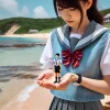 A Japanese high school girl holding a tiny palm-sized boy, both standing on a beautiful beach coastline. The scene is serene with clear blue water and a sandy shore. The high school girl is in uniform, holding the tiny boy carefully.