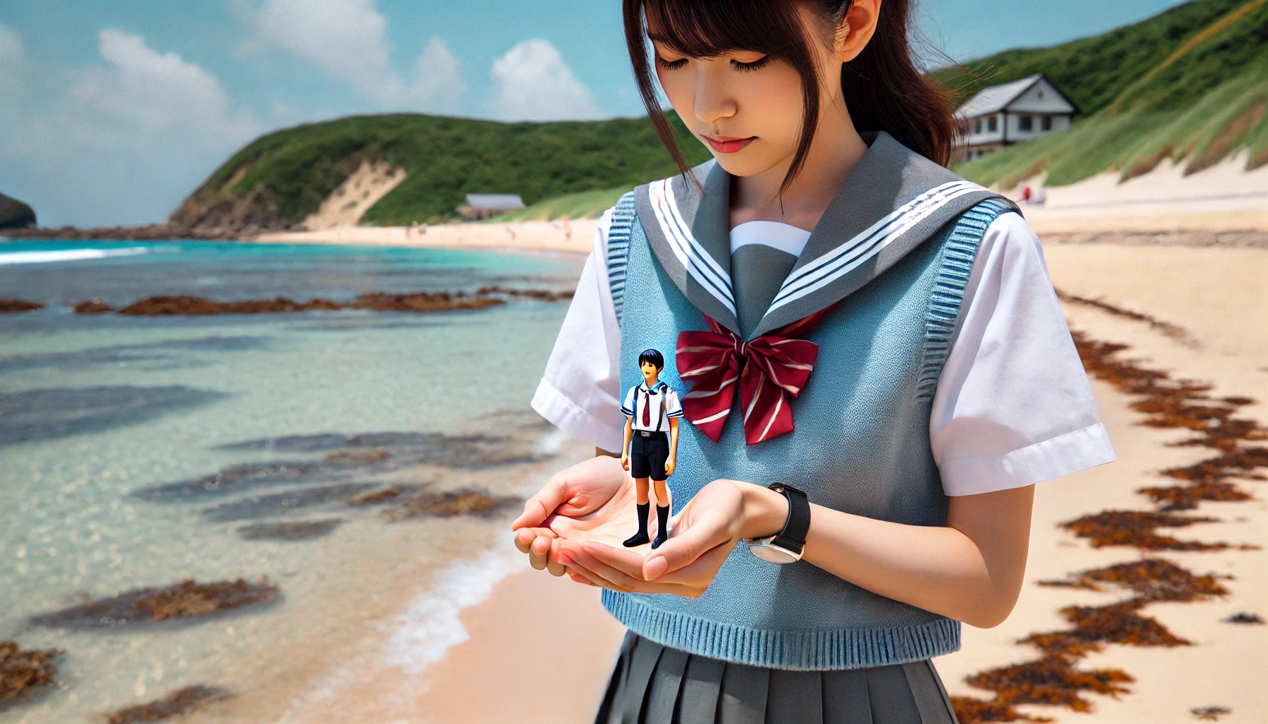 A Japanese high school girl holding a tiny palm-sized boy, both standing on a beautiful beach coastline. The scene is serene with clear blue water and a sandy shore. The high school girl is in uniform, holding the tiny boy carefully.