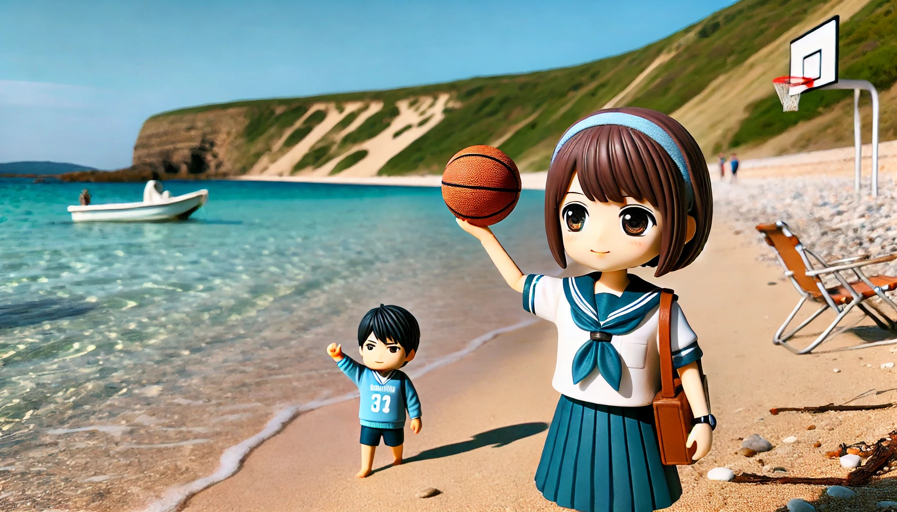 A beautiful beach coastline with a Japanese high school girl and boy walking, the girl holding a basketball and the boy being a palm-sized tiny boy. The scenery is serene with clear blue water and a sandy shore. The high schoolers are in uniform.