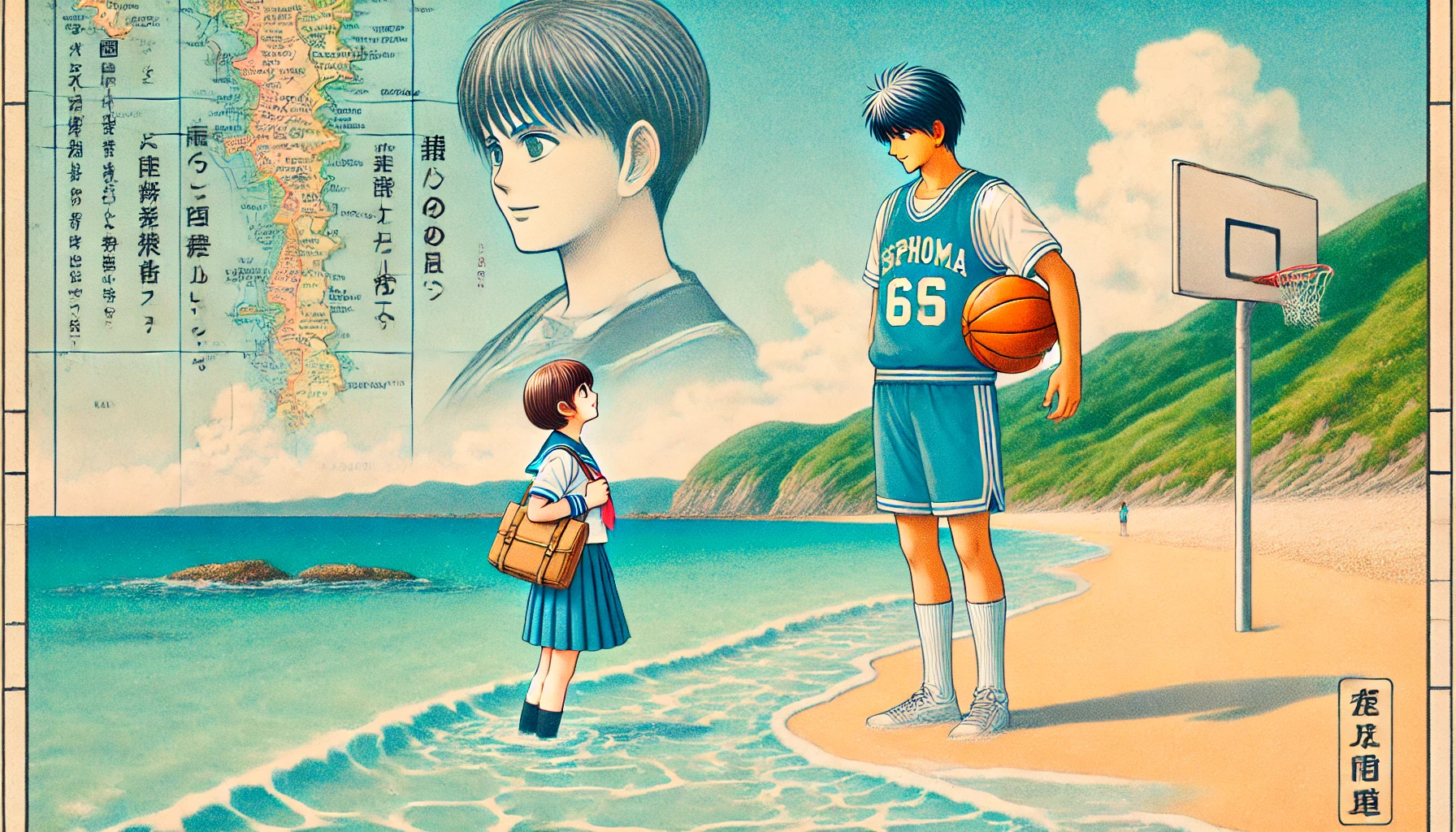 A beautiful beach coastline with a Japanese high school girl and boy walking, the girl holding a basketball and the boy being a palm-sized tiny boy. The scene is serene with clear blue water and a sandy shore. Include text: 'A beautiful beach coastline with a Japanese high school girl and boy, the girl holding a basketball and the boy being a palm-sized tiny boy. Based on the original manga.'