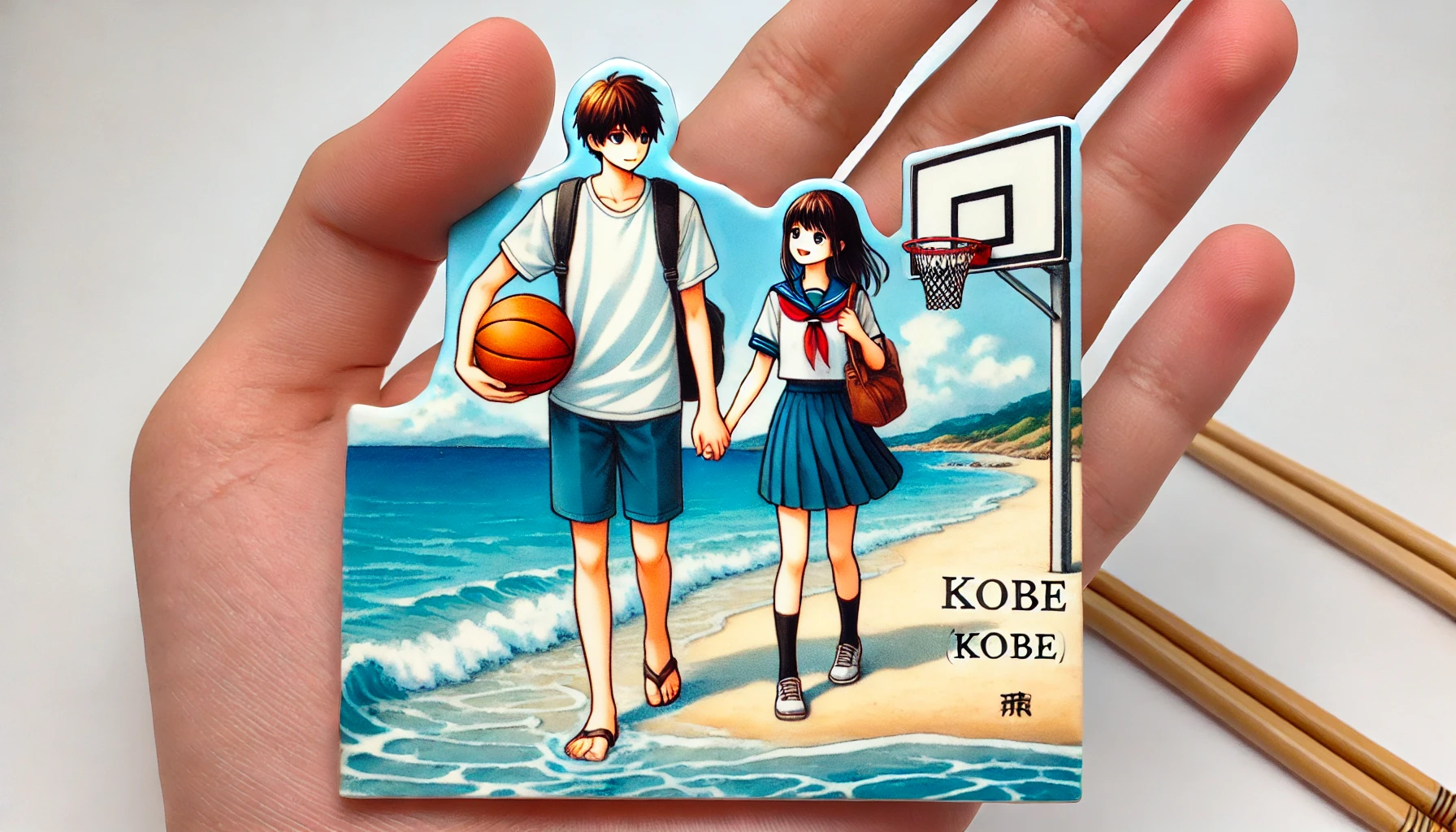 A beautiful beach scene with Japanese high school students, a boy and a girl, walking while holding a basketball. The boy is palm-sized, and the girl is a normal-sized high school girl. The scene should imply a connection to a manga story.