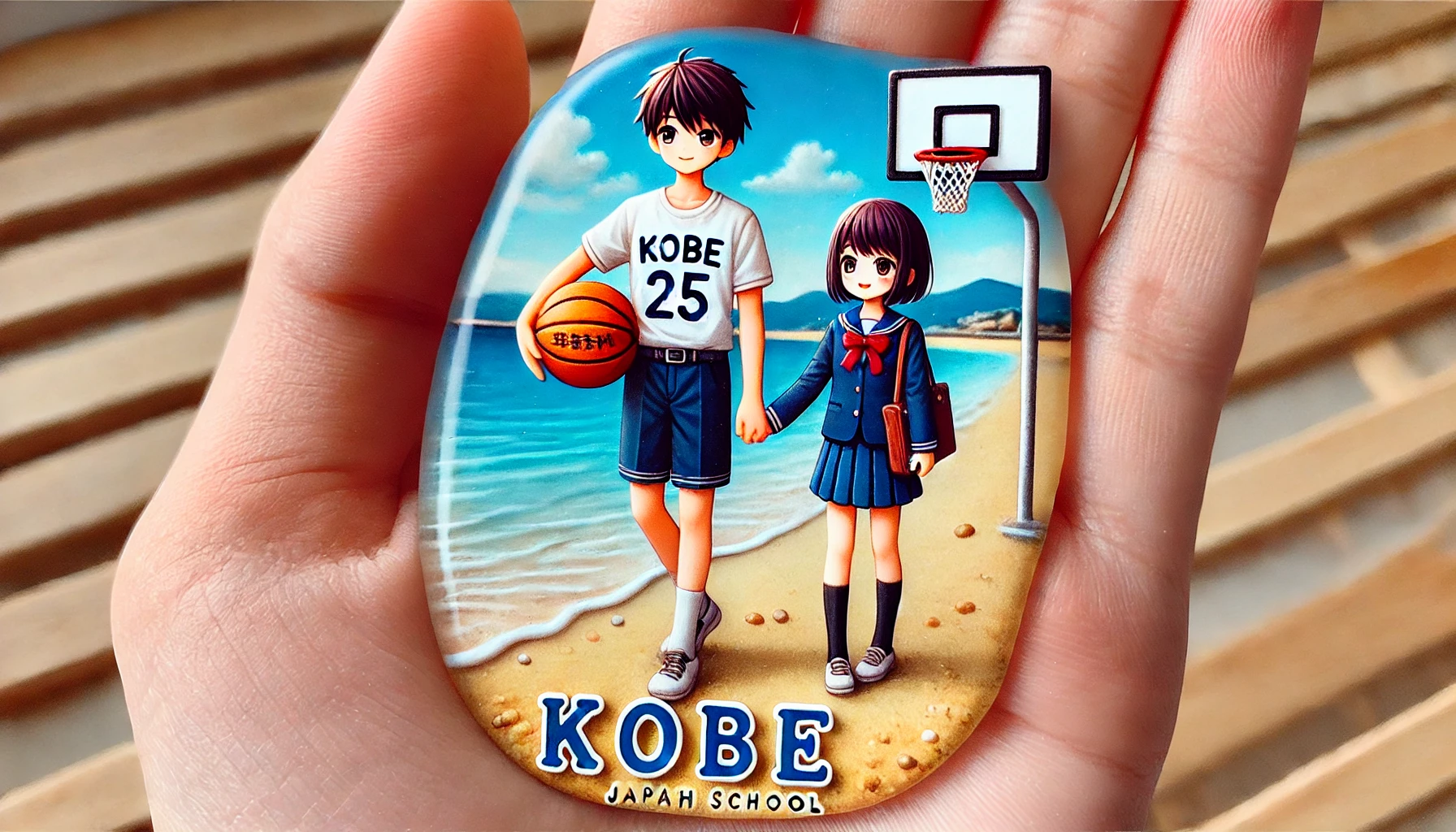 A beautiful beach scene with Japanese high school students, a boy and a girl, walking while holding a basketball. The boy is palm-sized, and the girl is a normal-sized high school girl.