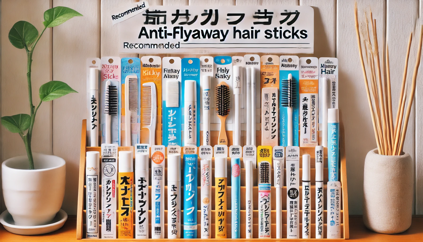 A collection of recommended anti-flyaway hair sticks neatly arranged, showcasing different brands and types, in a bright and clean setting. Each stick is labeled clearly, with some standing upright and others lying down. Japanese text is visible to indicate product details.