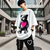 A Japanese person stylishly wearing an oversized t-shirt with a large animal and heart logo. The image should show the person confidently posing in a trendy urban setting.