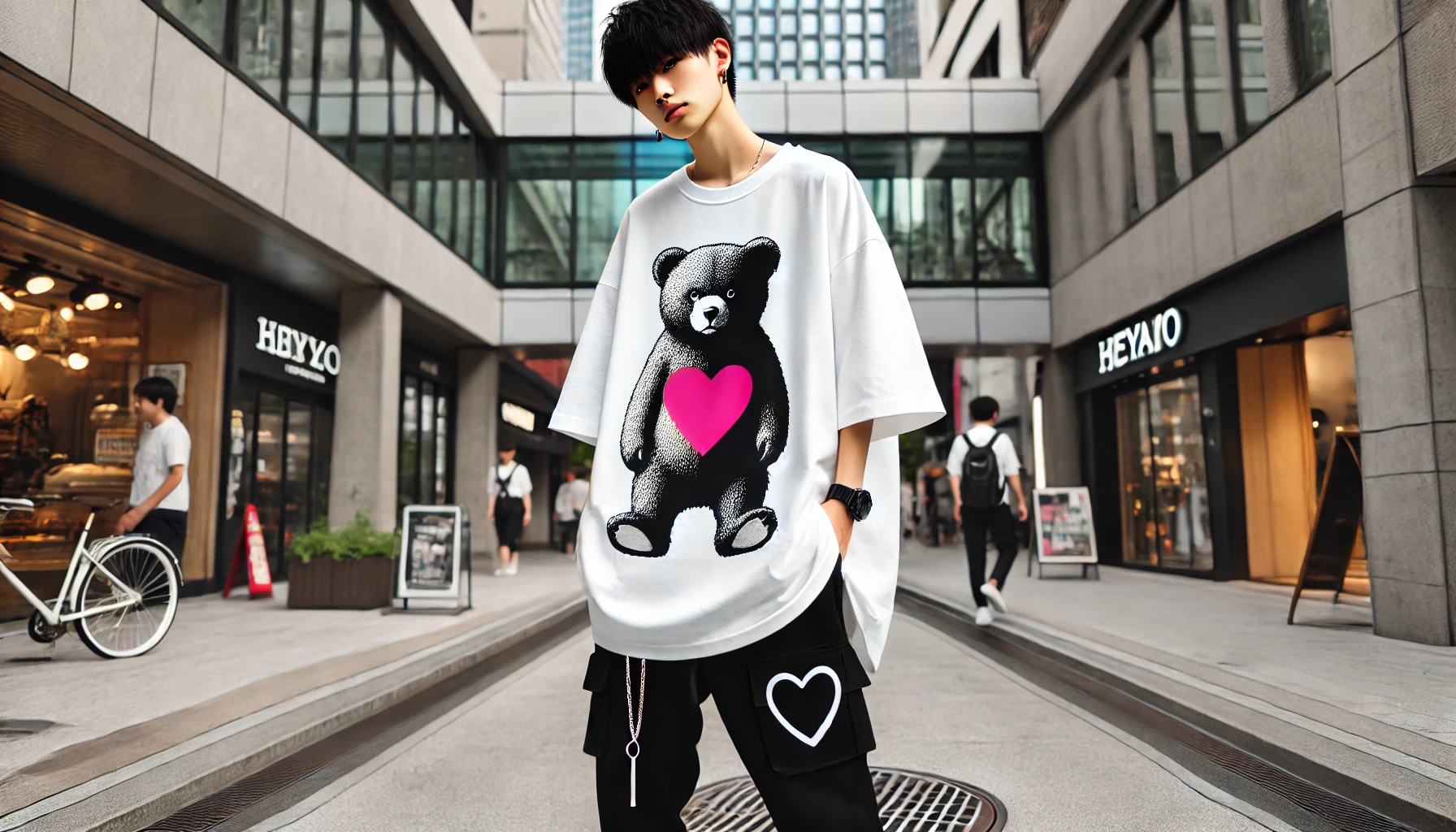 A Japanese person stylishly wearing an oversized t-shirt with a large animal and heart logo. The image should show the person confidently posing in a trendy urban setting.