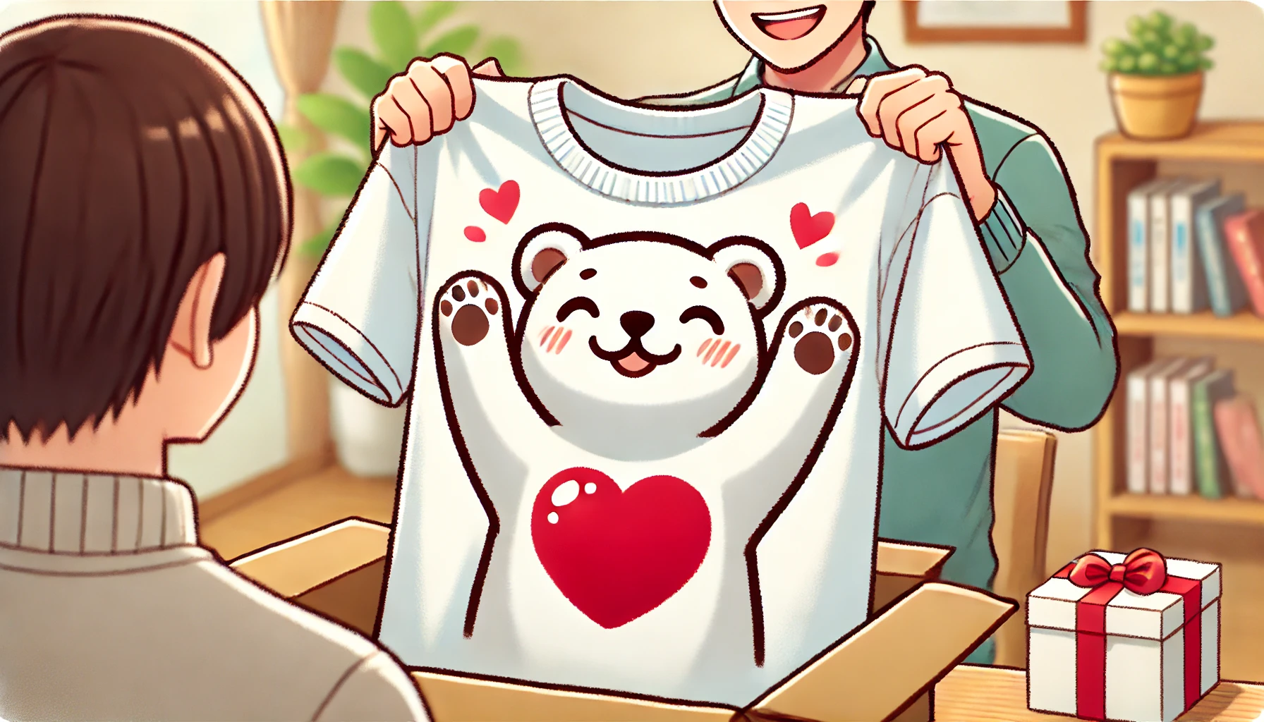 A Japanese person happily receiving an oversized t-shirt with a large animal and heart logo. The image should capture their joy and excitement as they hold up the t-shirt, possibly in a store or home setting.