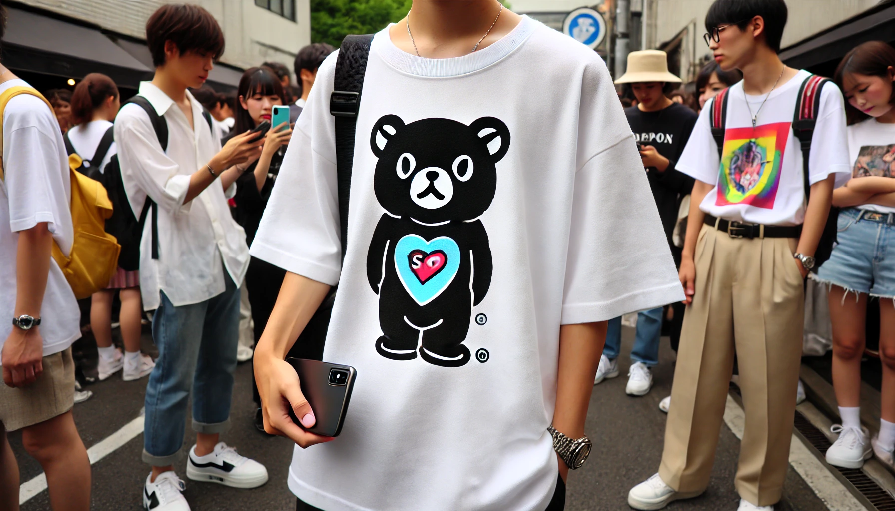 A popular oversized t-shirt with a large animal and heart logo being worn by a Japanese person. The t-shirt is showcased in a casual setting, perhaps at a street fashion event, with people admiring the design.