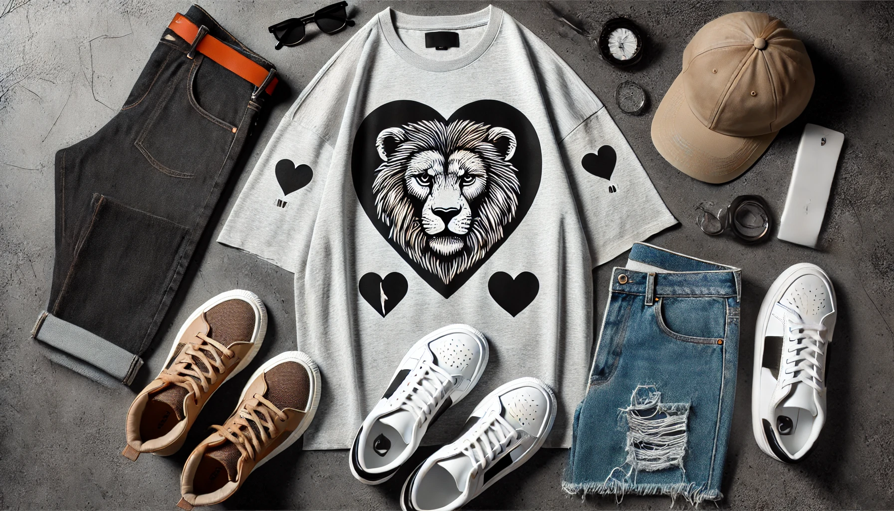 A fashionable oversized t-shirt with a large animal and heart logo displayed prominently. The t-shirt is styled casually on a flat lay surface with accessories like a pair of jeans, sneakers, and a cap.