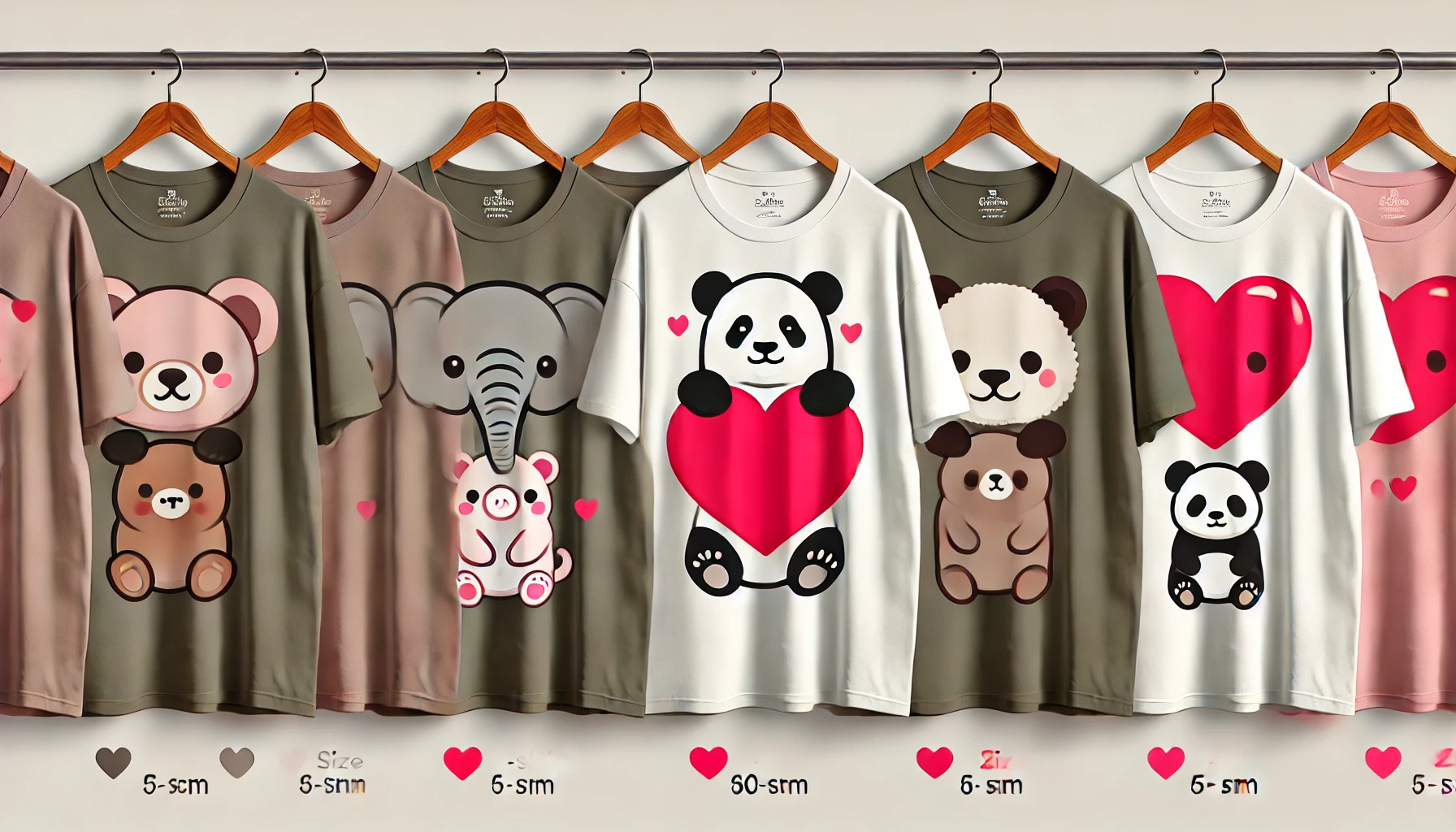 Comparison of oversized t-shirts with large animal and heart logos from different brands. Display multiple t-shirts side by side on hangers, showcasing the size differences.