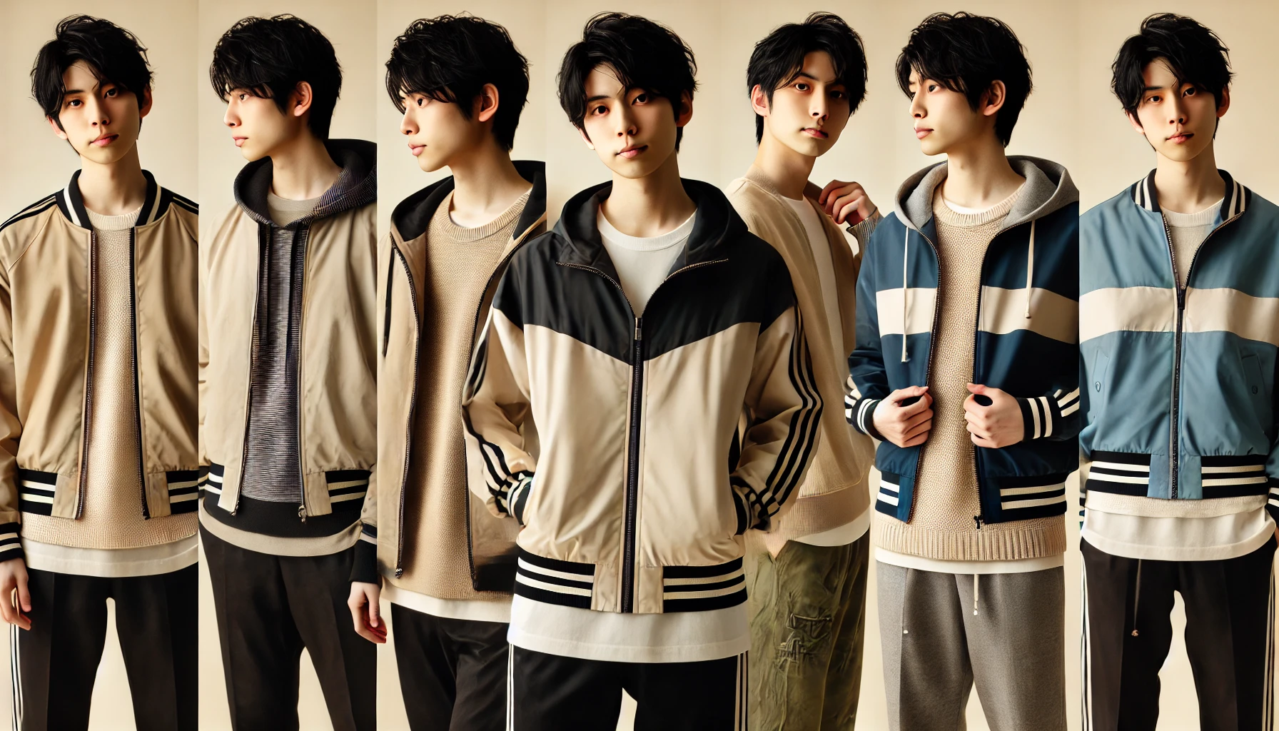 Japanese person styling a stylish and fashionable track jacket with different outfits, showing various ways to wear it. The background is neutral to keep focus on the outfits.