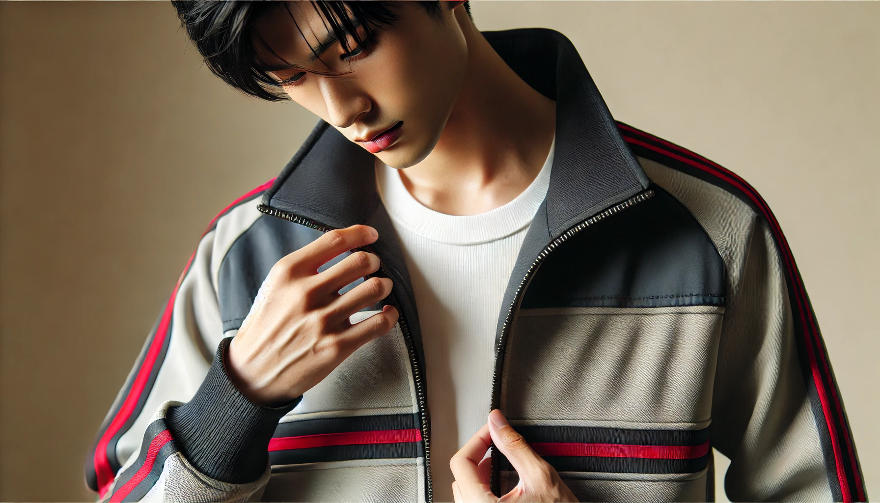 Japanese person wearing a stylish and fashionable track jacket, focusing on the fit and size. The background is neutral to highlight the jacket.