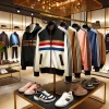 Stylish and fashionable track jacket displayed in a store setting, showing its popularity and appeal. No people, just the jacket and store environment.