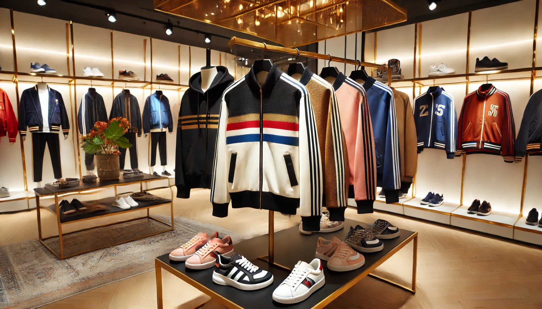 Stylish and fashionable track jacket displayed in a store setting, showing its popularity and appeal. No people, just the jacket and store environment.