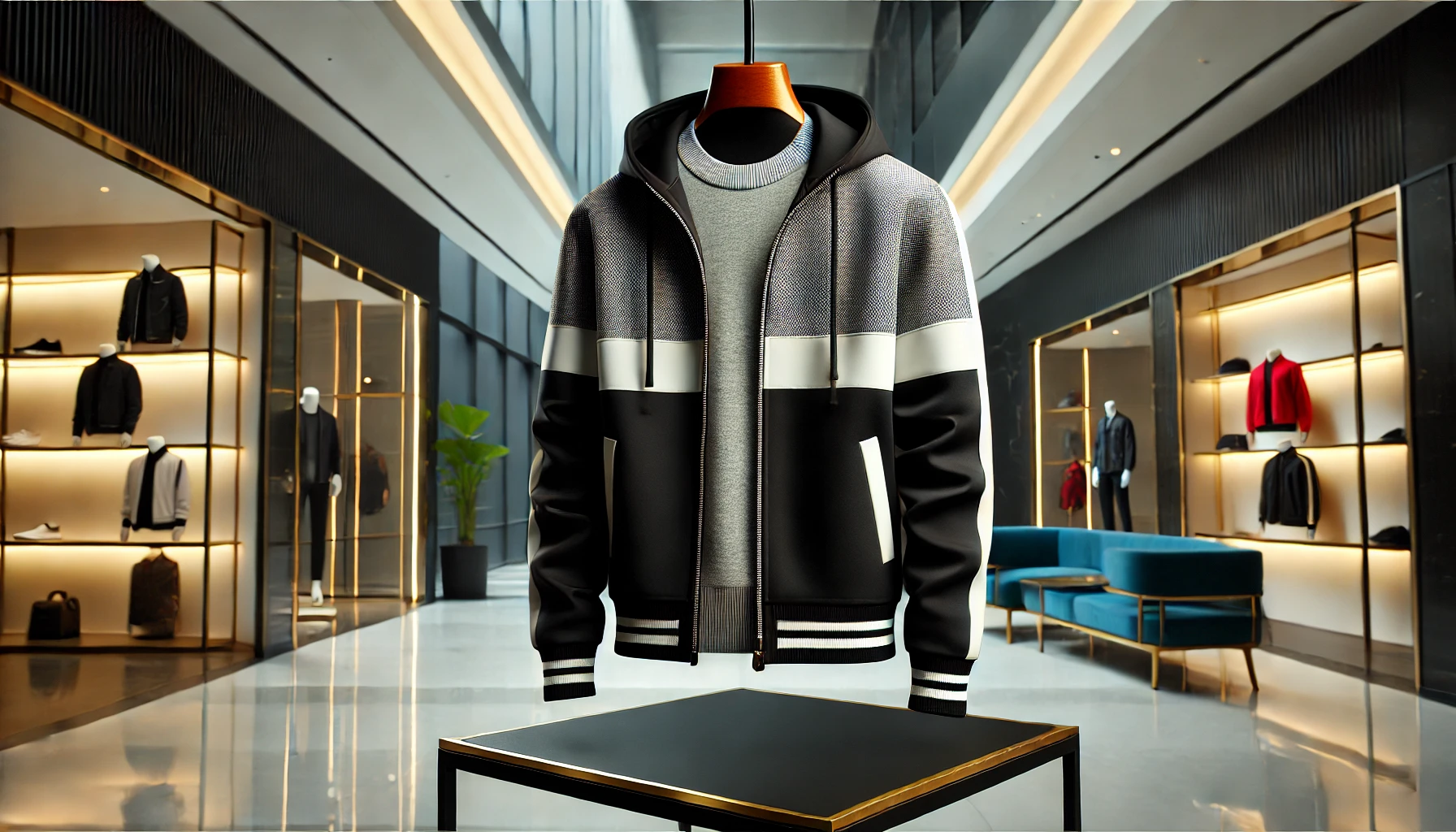 Stylish and fashionable track jacket displayed in a chic setting, highlighting its design and fabric. No people, just the jacket in focus, with a modern background.