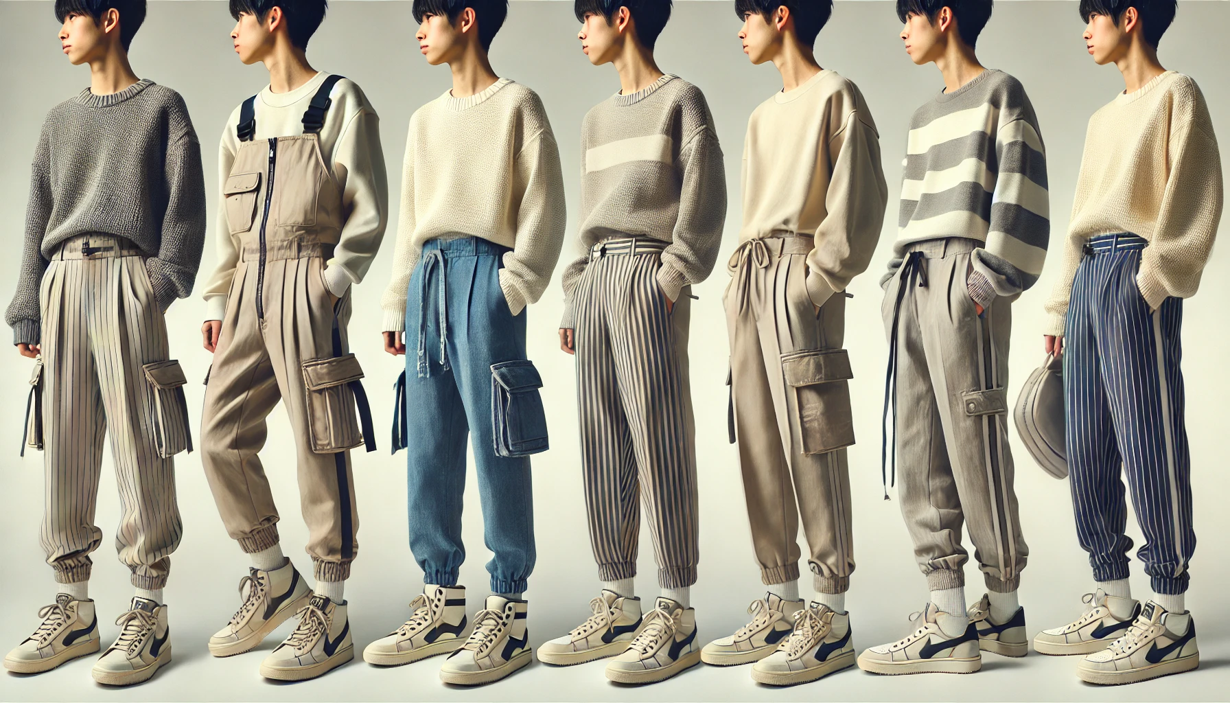 Japanese person styling stylish and fashionable track pants with different outfits, showing various ways to wear them. The background is neutral to keep focus on the outfits.