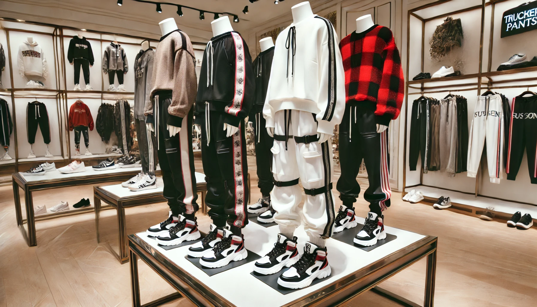 Stylish and fashionable track pants displayed in a store setting, showing their popularity and appeal. No people, just the pants and store environment.