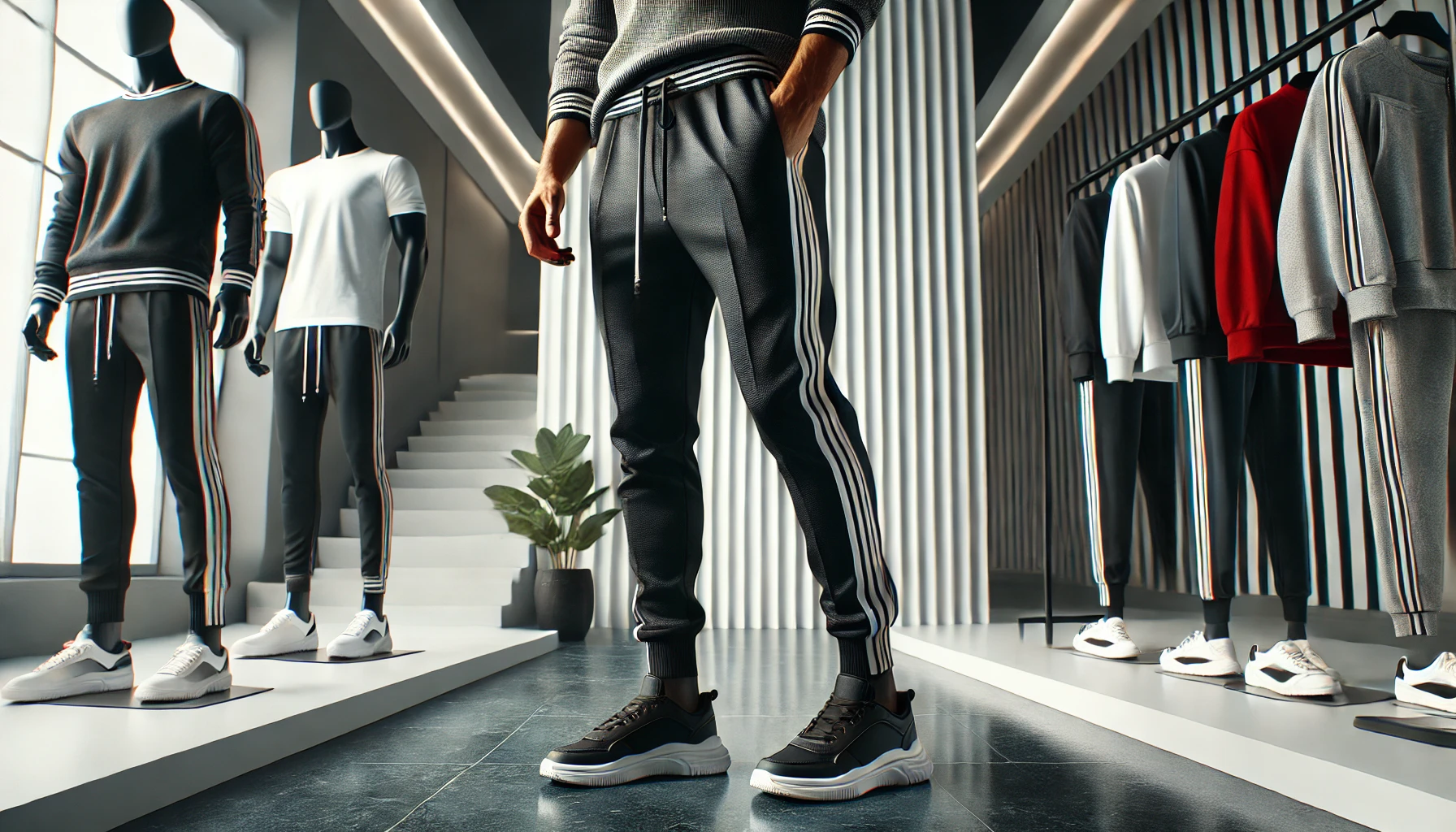 Stylish and fashionable track pants displayed in a chic setting, highlighting their design and fabric. No people, just the pants in focus, with a modern background.