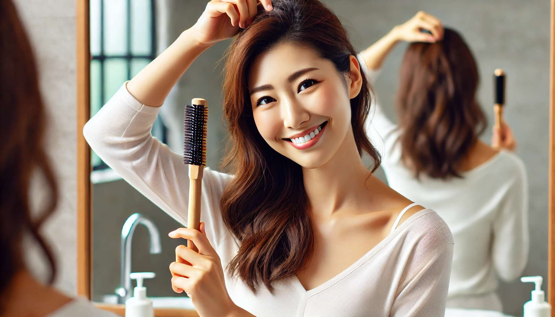 Japanese woman holding a recommended anti-flyaway hair stick and smiling with joy. She is standing in front of a mirror, looking at her smooth and tidy hair. The background shows a well-lit, modern bathroom.