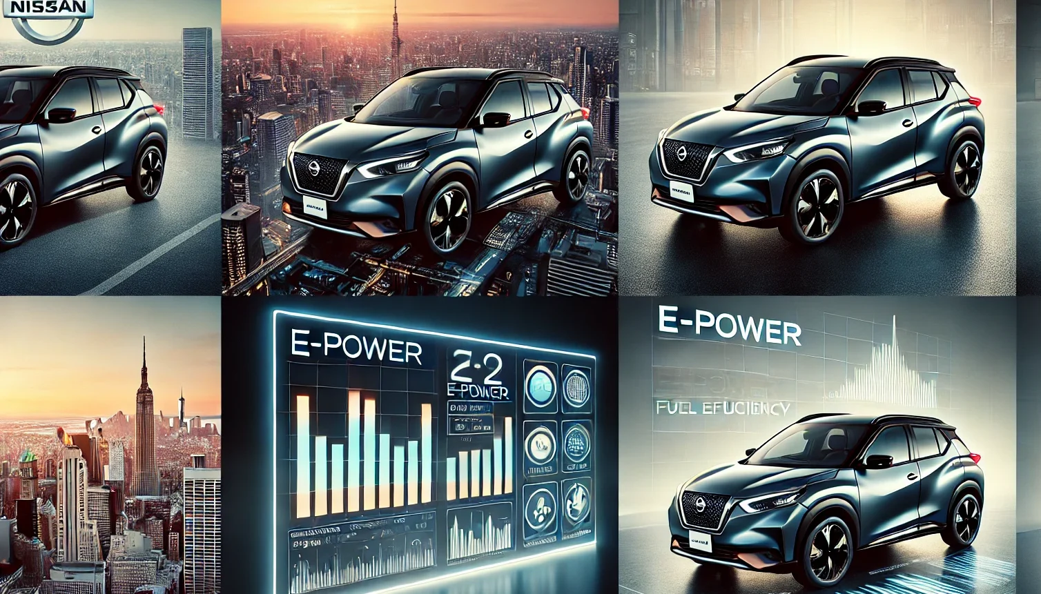 A modern SUV with e-POWER technology similar to the Nissan Kicks shown in the provided images. Create four images: one showcasing the vehicle with a cityscape background, another highlighting its features and design in a studio setting, the third depicting it in a suburban environment, and the fourth illustrating its fuel efficiency with a graphical overlay. Include Japanese individuals in the images where relevant. The images should be in 16:9 format.