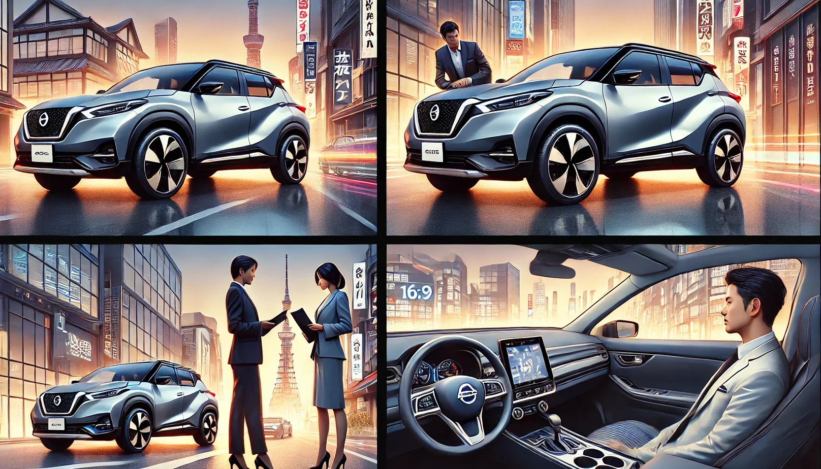 A modern SUV with e-POWER technology similar to the Nissan Kicks shown in the provided images. Create four images: one showcasing the vehicle lineup with multiple color options, another highlighting its high price with a luxurious setting, the third showing a Japanese woman evaluating the interior, and the fourth depicting its ease of driving with a focus on the driver in a Japanese urban setting. The images should be in 16:9 format.