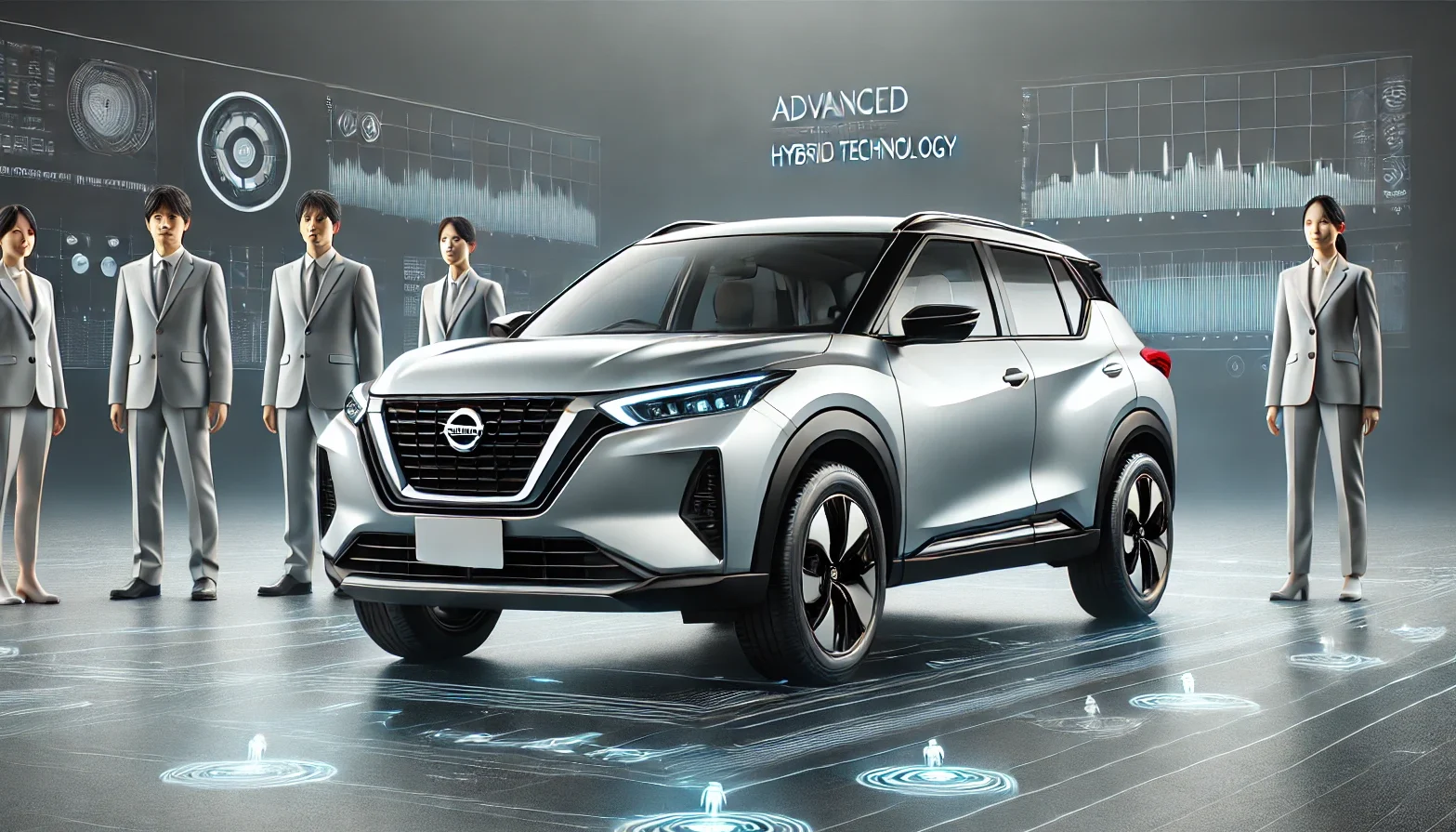 An SUV with advanced hybrid technology similar in design to the Nissan Kicks but without any branding or logos. Create an image highlighting the vehicle's attractive features in a studio setting. Include Japanese individuals in the image. The image should be in 16:9 format.