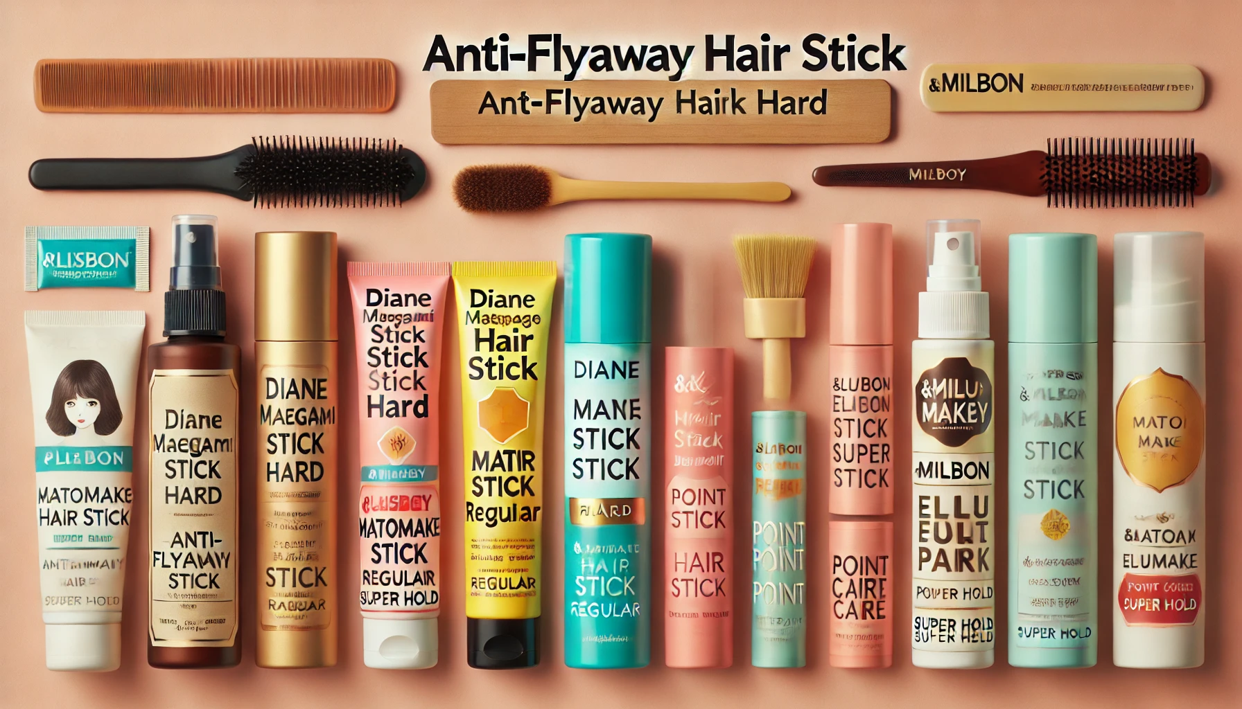 A collection of recommended anti-flyaway hair sticks with various products neatly displayed. The products should include Diane Maegami Stick Hard, Matomage Hair Stick Regular, Pluseau Point Repair, &honey Matomake Stick Super Hold, and Milbon Elujuda Point Care Stick.