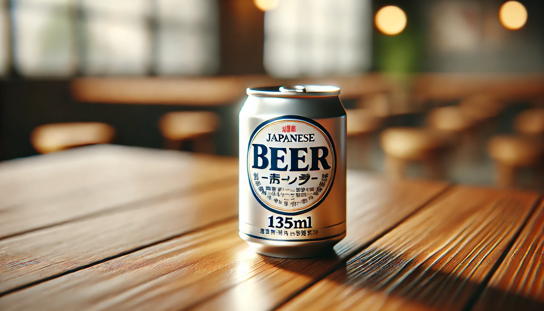 A-sleek-and-modern-135ml-beer-mini-can-placed-on-a-wooden-table-surrounded-by-light-reflections-from-a-nearby-window