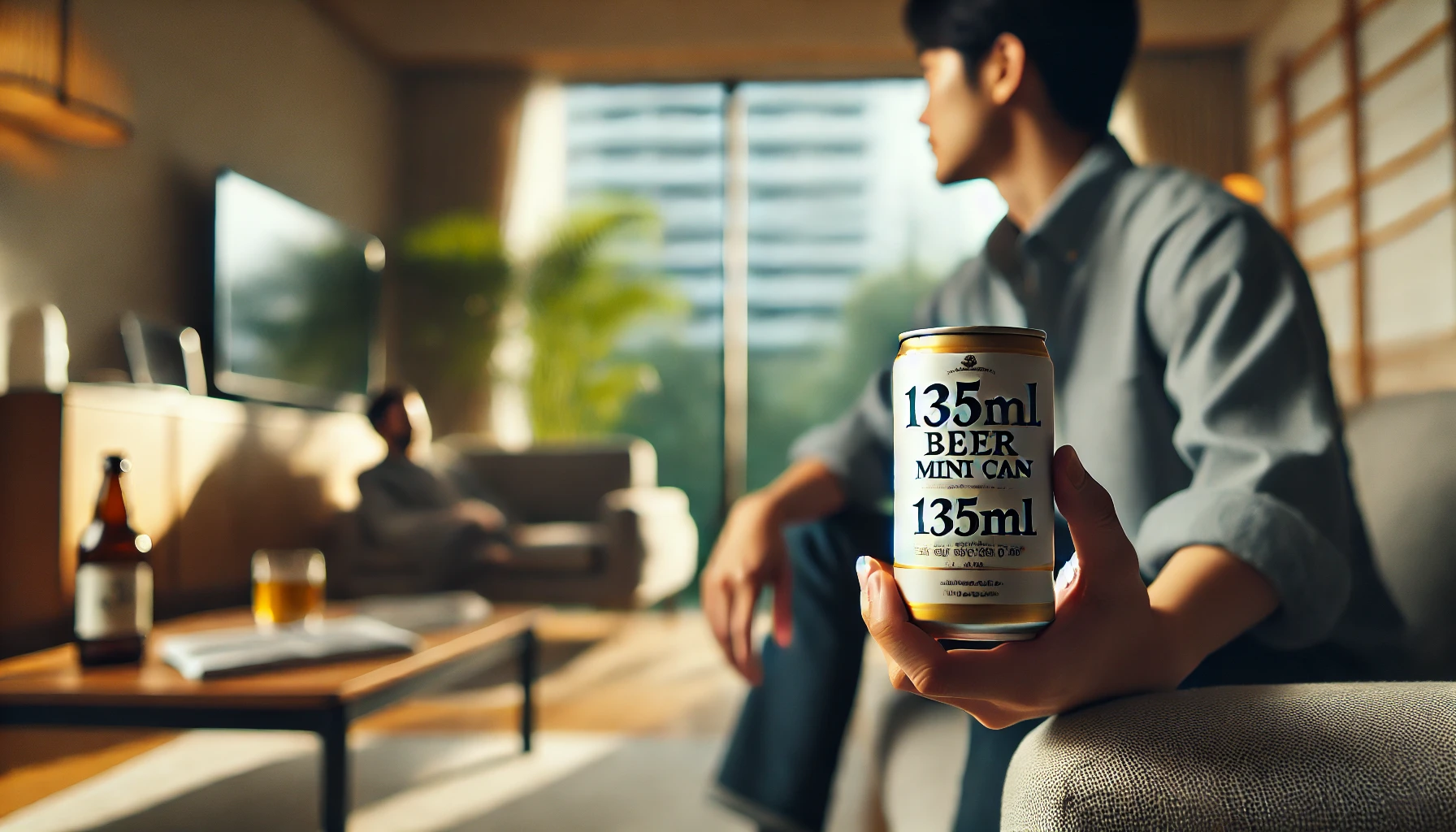 A-modern-living-room-setting-where-a-Japanese-person-is-enjoying-a-135ml-beer-mini-can