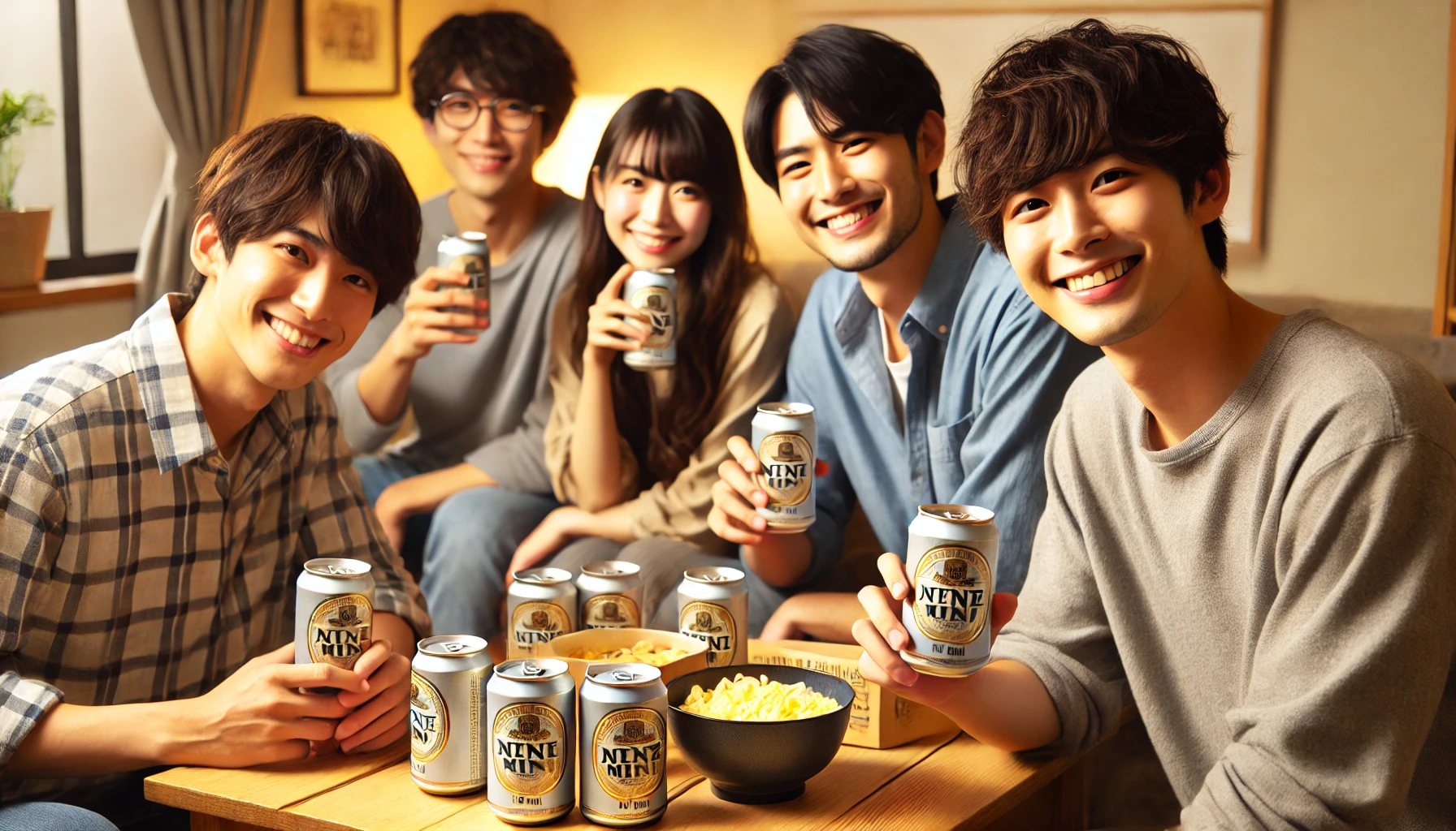 A-group-of-Japanese-friends-smiling-and-relaxed-sitting-around-a-table-with-several-135ml-beer-mini-cans