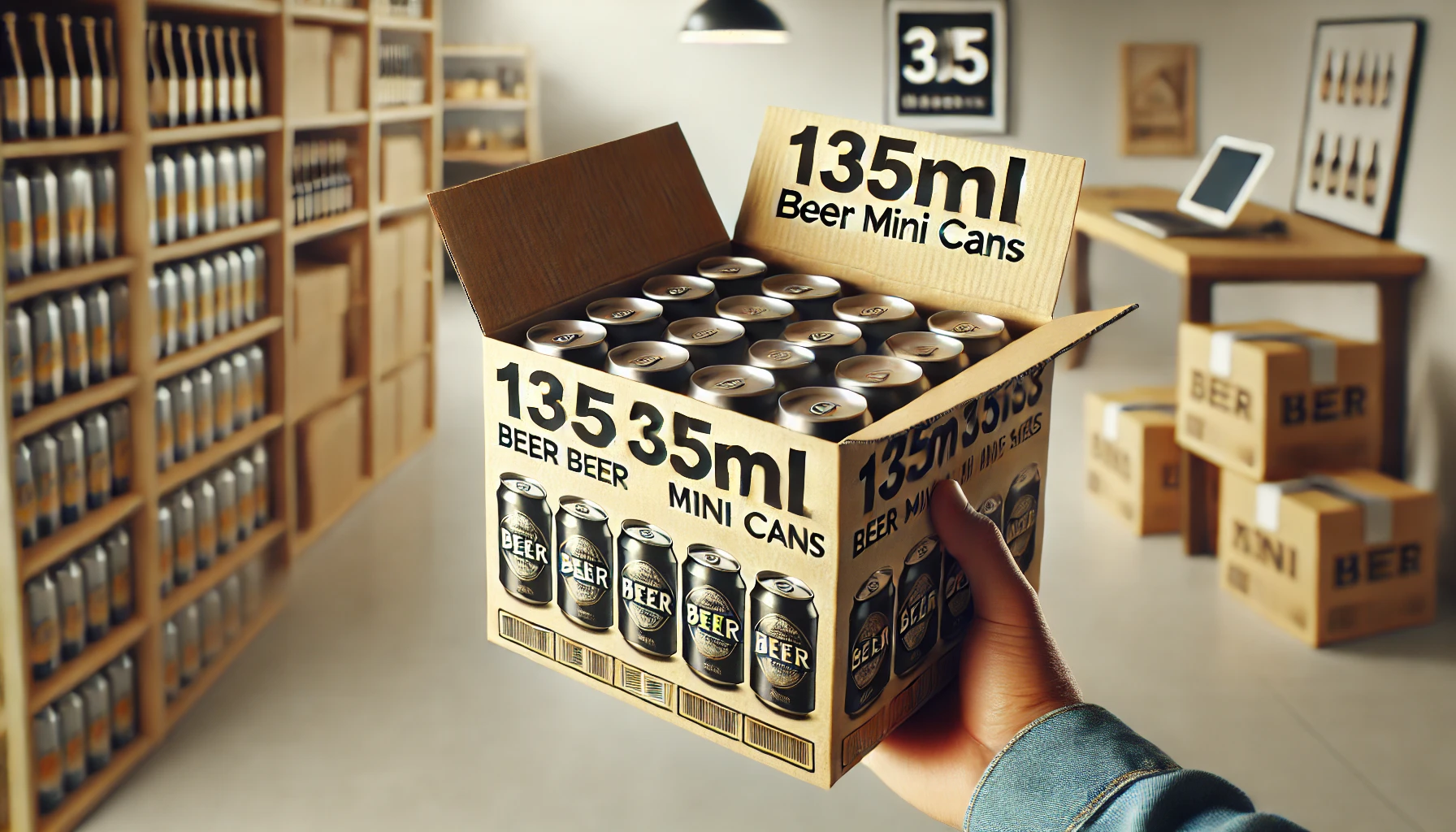 A-close-up-of-a-box-of-135ml-beer-mini-cans-neatly-stacked-inside.-The-box-is-open-revealing-the-cans-arranged-in-rows