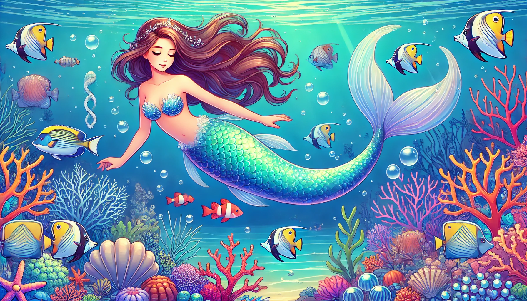 An-underwater-scene-featuring-a-graceful-mermaid-swimming-elegantly-through-the-ocean-surrounded-by-colorful-coral-and-sea-creatures