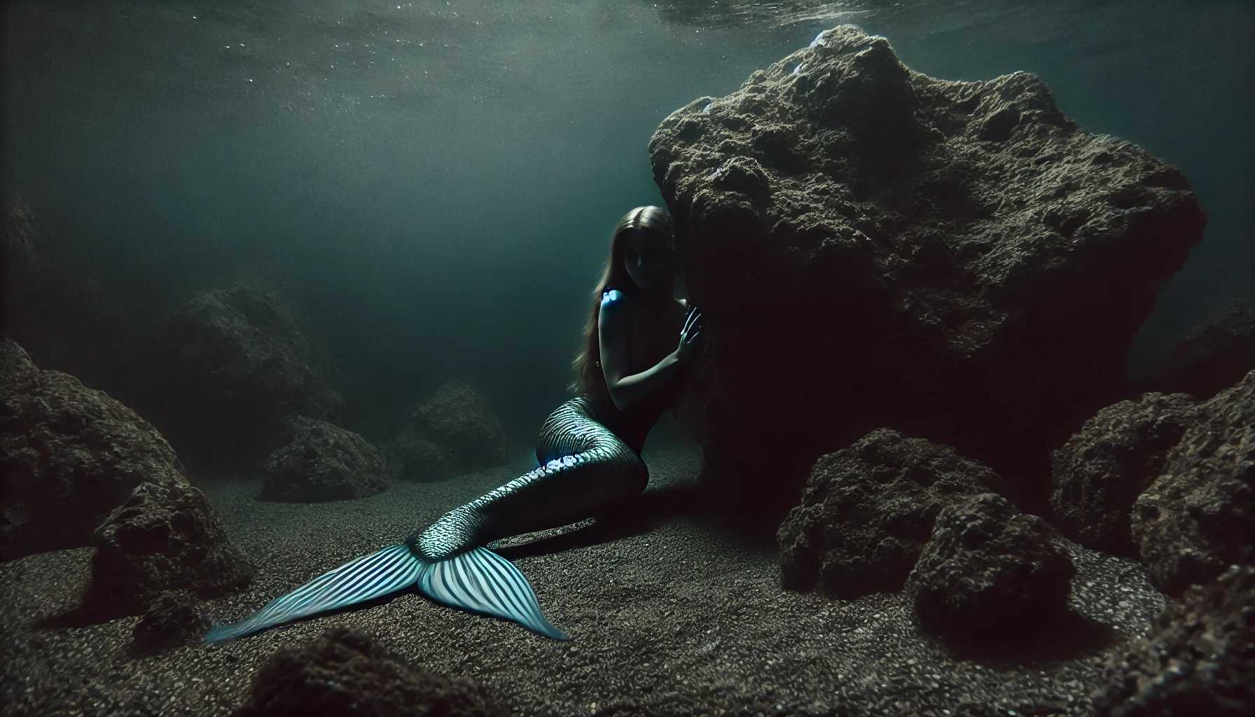 An-underwater-scene-with-a-mermaid-hiding-behind-a-large-rock-formation-only-her-tail-and-a-bit-of-her-hair-are-visible-as-she-peeks-out-cautiously.