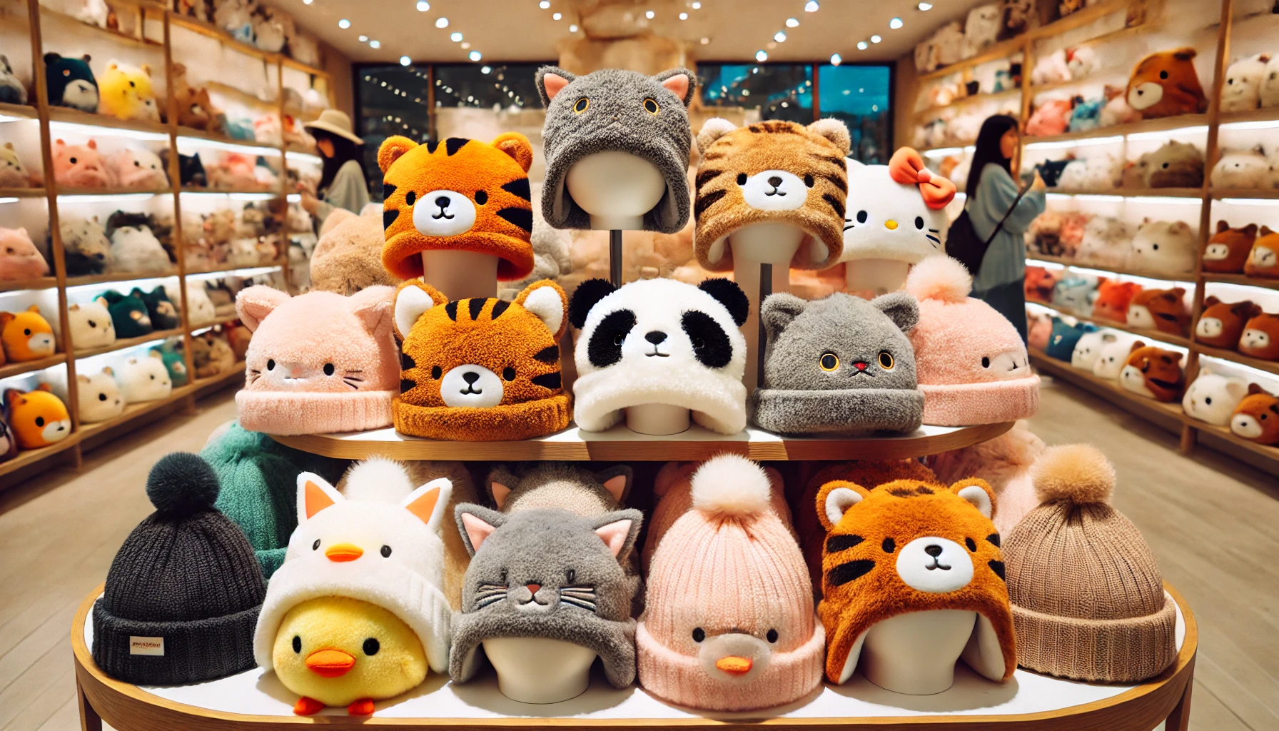 A-collection-of-cozy-fluffy-hats-inspired-by-animal-characters-like-cats-tigers-and-ducks.-The-hats-are-made-of-soft-plush-material