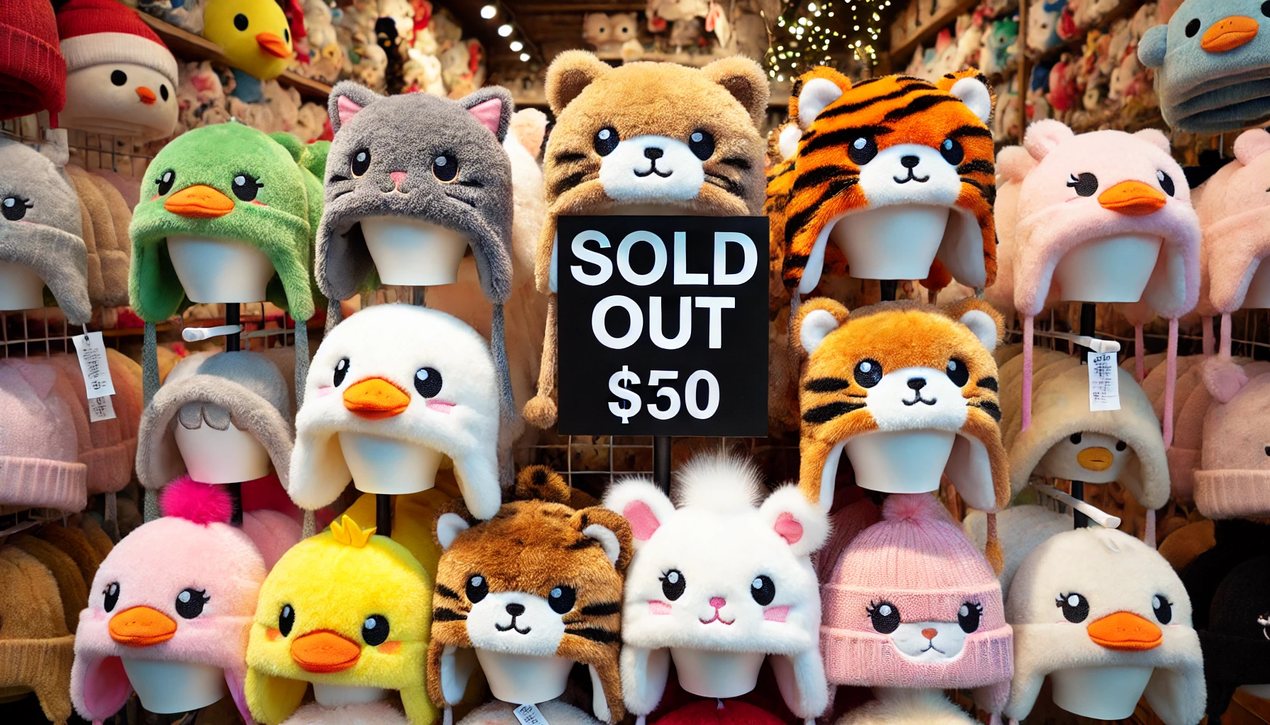 A-collection-of-cozy-fluffy-hats-inspired-by-animal-characters-like-cats-tigers-and-ducks-with-Sold-Out-signs-placed-on-the-display