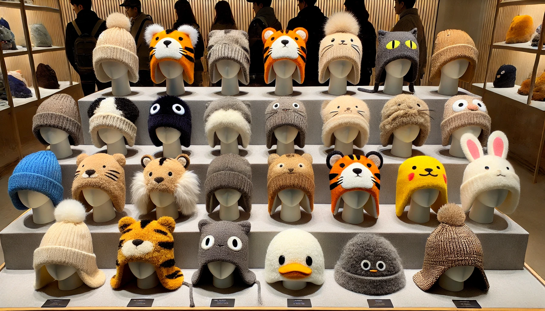 A-collection-of-cozy-fluffy-hats-inspired-by-animal-characters-like-cats-tigers-and-ducks-showcasing-a-variety-of-designs-from-different-years