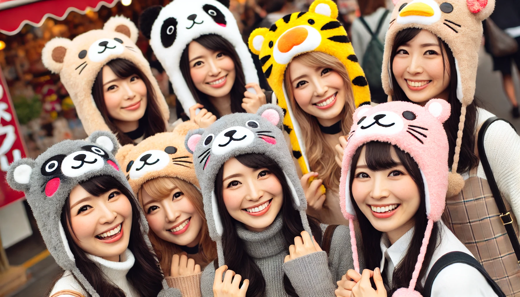 A-group-of-happy-Japanese-women-wearing-cozy-fluffy-hats-inspired-by-animal-characters-like-cats-tigers-and-ducks