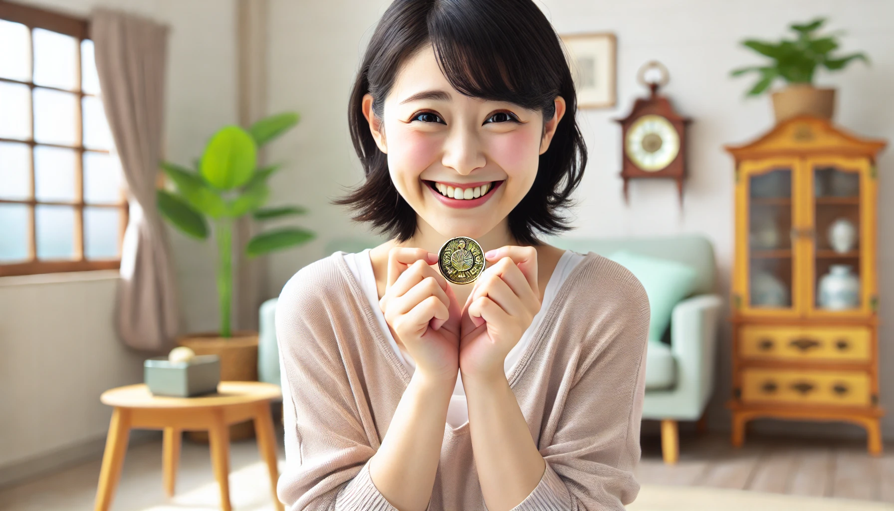 A Japanese person holding a rare coin with a joyful expression, indoors, bright and cheerful setting, showcasing their excitement.