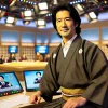 A retired Japanese sumo wrestler making a return to television as a commentator, seated in a studio, wearing formal traditional clothing, confidently discussing sumo with monitors and lighting in the background. The person has black hair and appears to be around 50 years old.