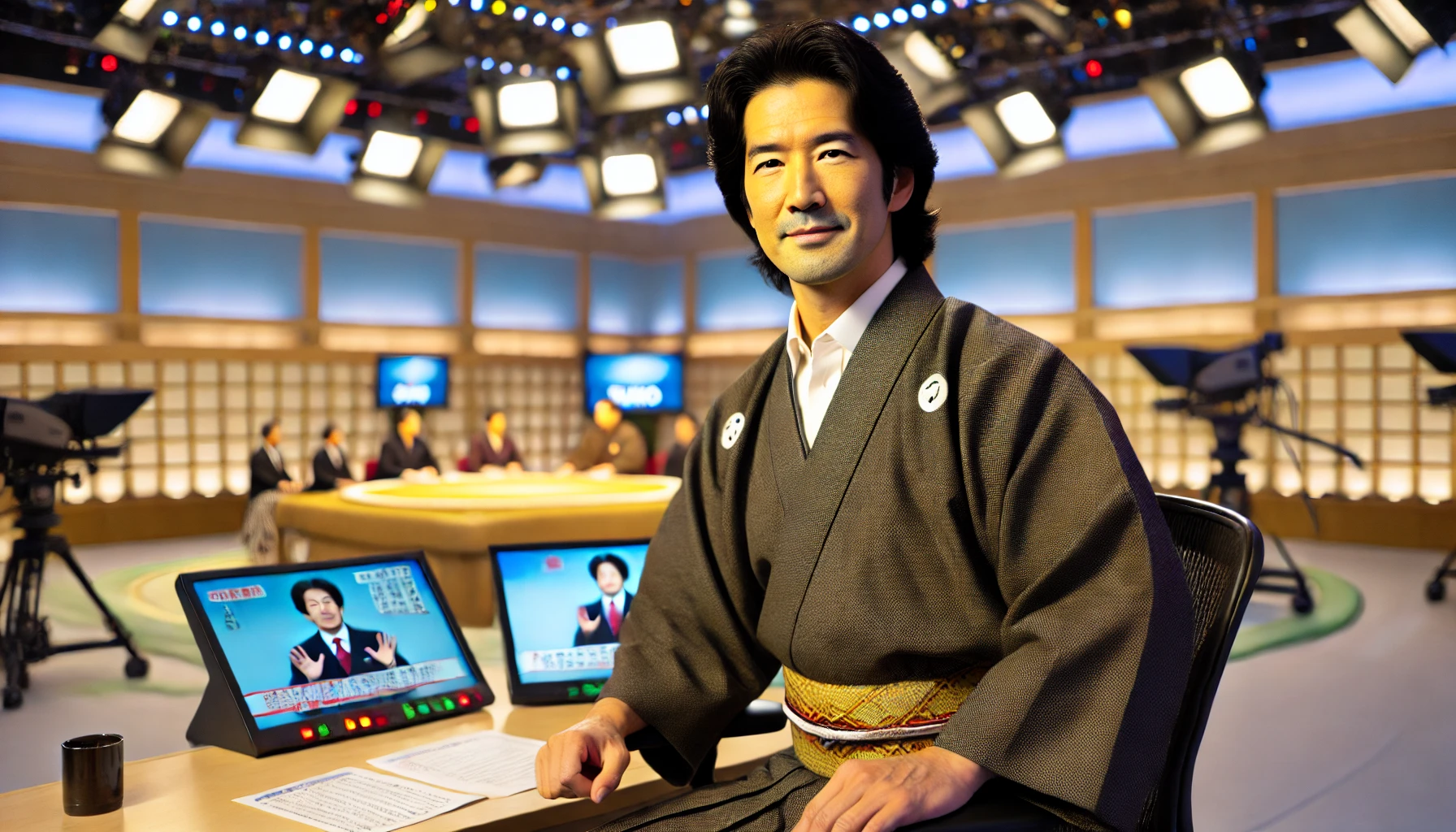 A retired Japanese sumo wrestler making a return to television as a commentator, seated in a studio, wearing formal traditional clothing, confidently discussing sumo with monitors and lighting in the background. The person has black hair and appears to be around 50 years old.