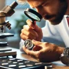 An expert appraising a rare coin, using a magnifying glass and specialized equipment, in a well-lit setting. The focus is on the detailed examination of the coin.