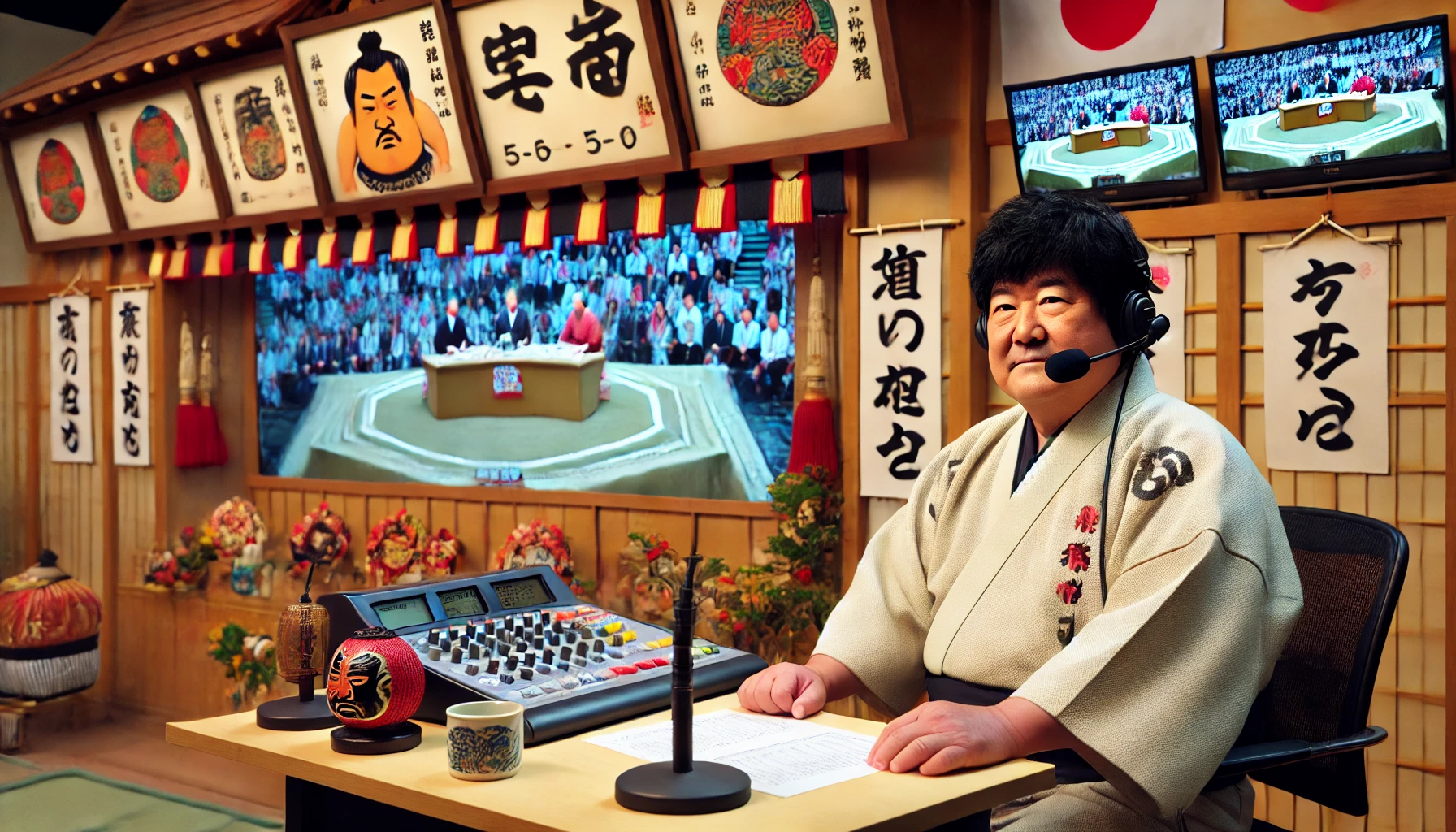 A retired Japanese sumo wrestler working as a commentator for sumo matches, seated at a desk in a TV studio with sumo-themed decorations, microphones, and monitors displaying sumo matches. The person has black hair and appears to be around 50 years old.