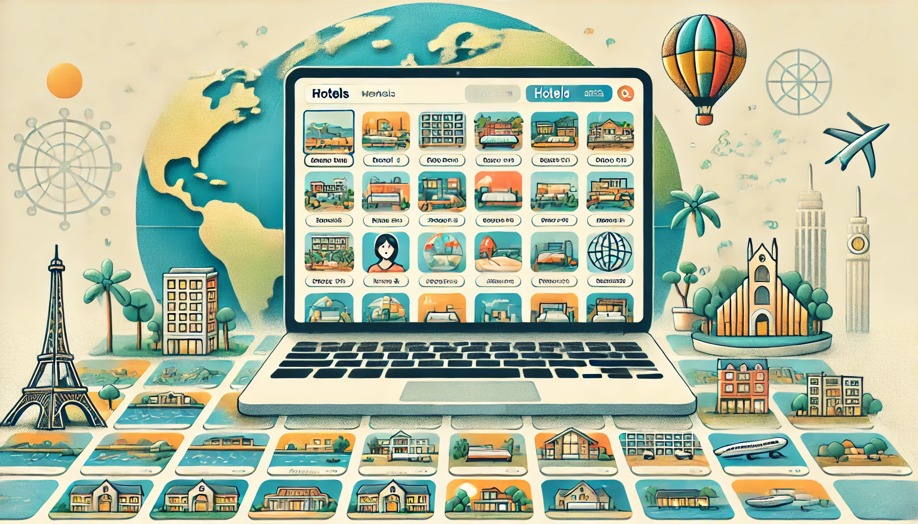 A screenshot-style image of a global online booking platform displaying a variety of hotels and vacation rentals from around the world. The interface should show a simple, user-friendly design with options for different types of accommodations. No people in the image.