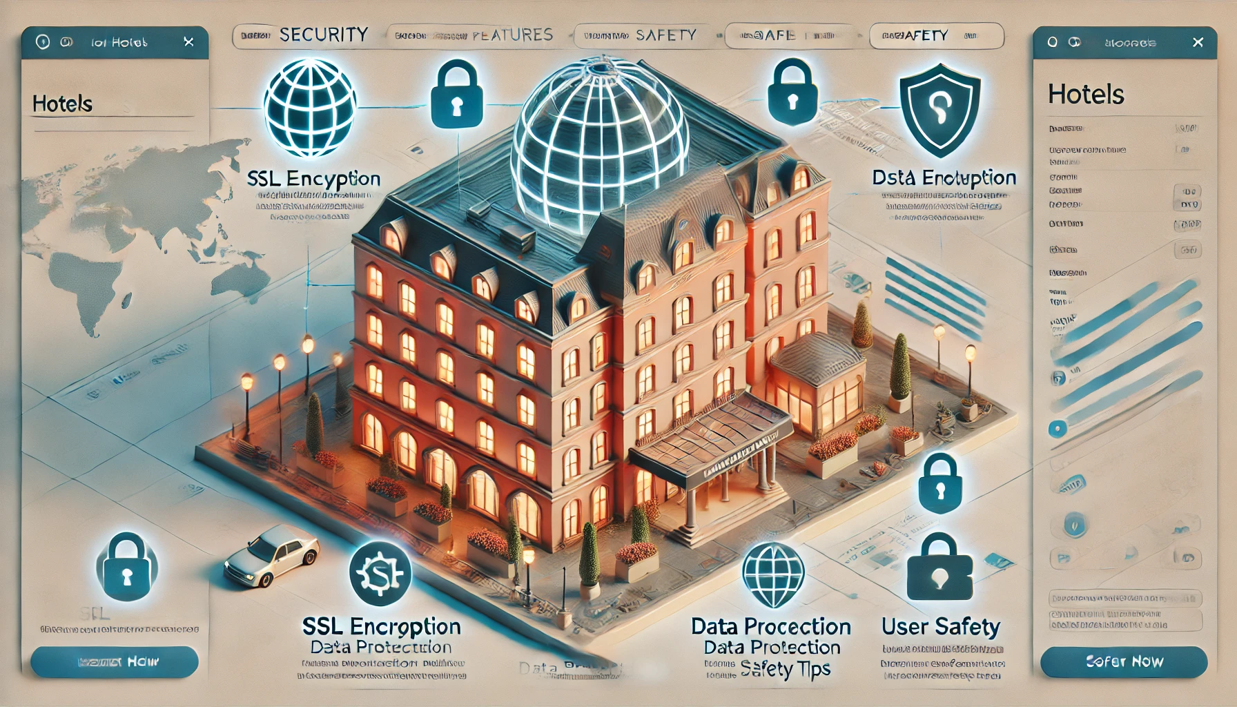 A screenshot-style image showing the security features and safety measures of a global online booking platform for hotels. The page highlights SSL encryption, data protection policies, and user safety tips. No people in the image.