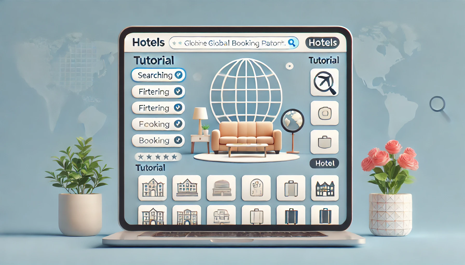 A screenshot-style image showing a tutorial page for using an online global booking platform for hotels. The page includes step-by-step instructions on searching, filtering, and booking accommodations. No people in the image.