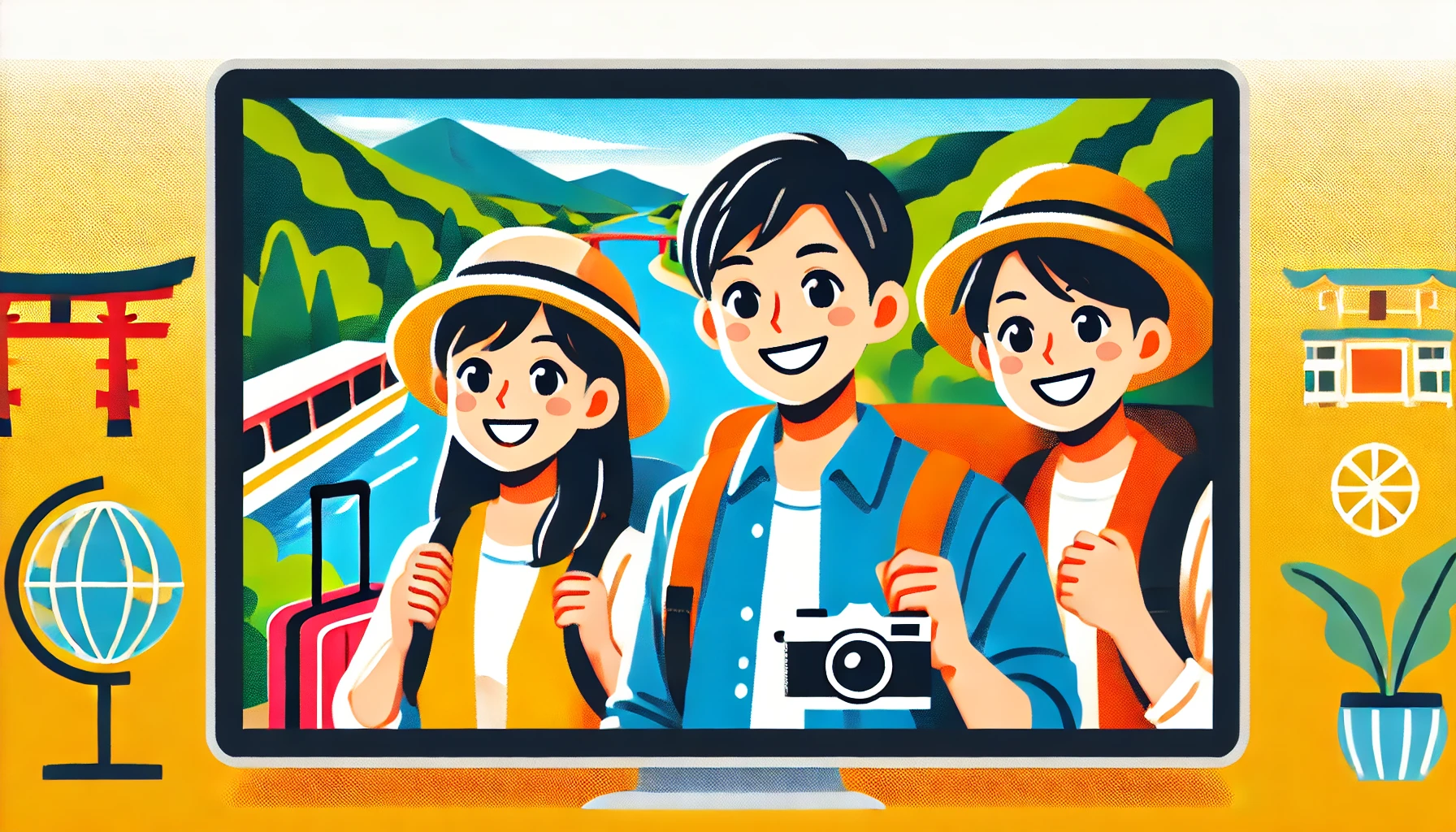 A vibrant image showing happy Japanese travelers enjoying a vacation. The travelers are sightseeing in a scenic location, smiling and taking photos, representing a positive experience from booking through an online platform. The scene is bright and cheerful, with natural scenery in the background.