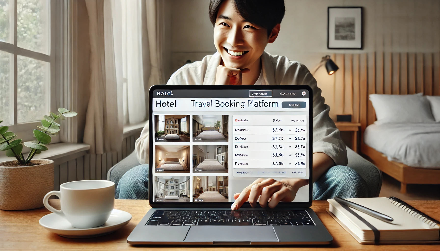 A clean and modern travel booking platform interface on a laptop screen, showing a user browsing through hotel options. The background includes a Japanese traveler comfortably seated at a desk with a coffee cup, smiling while using the platform. The interface displays hotel prices, dates, and reviews. The setting is a modern, minimalist home office with light coming in from the window.