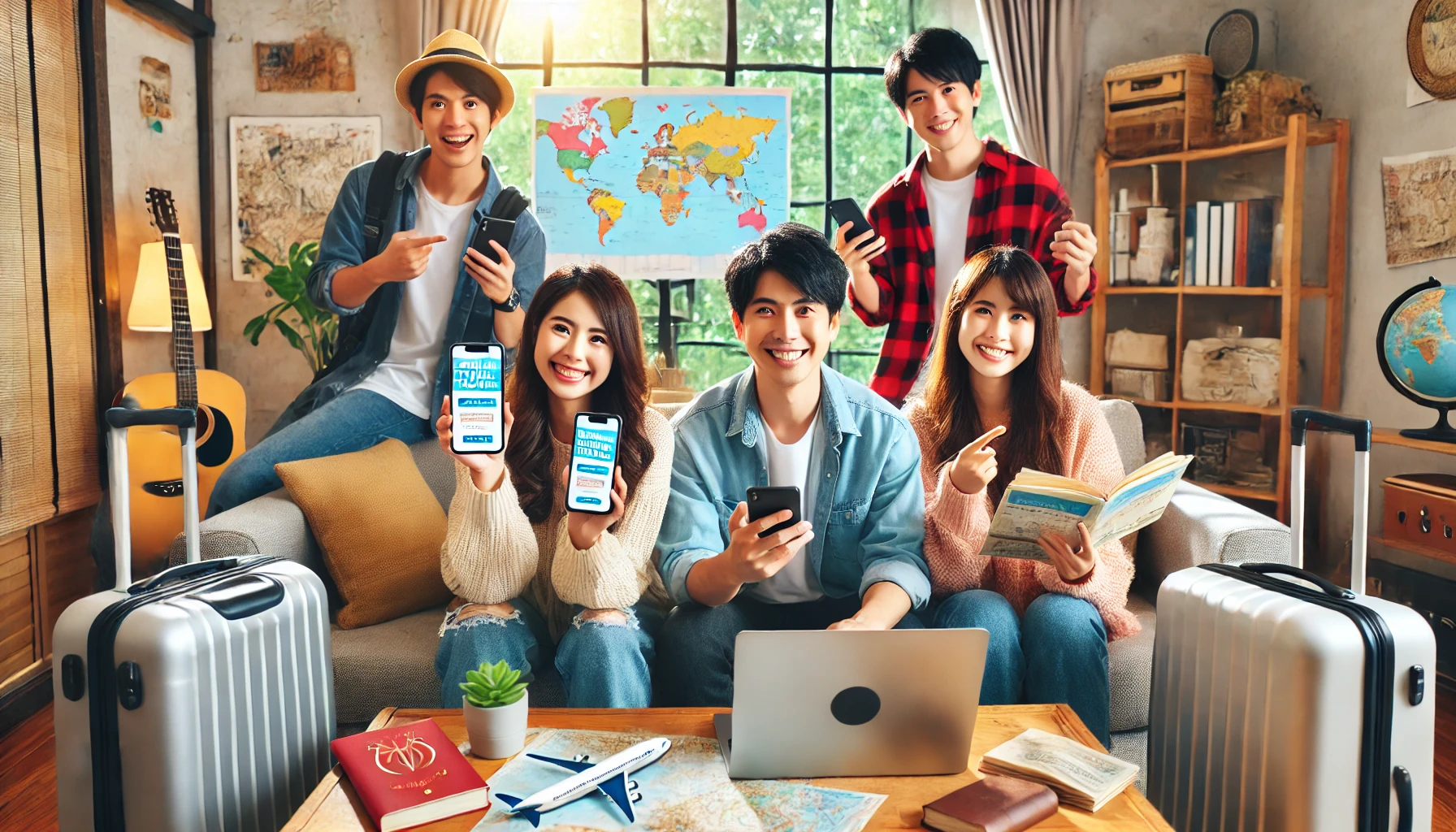 A set of happy Japanese travelers using a global travel booking app on their smartphones and laptops, in a cozy living room setting. The travelers are excited, smiling, and the background includes travel-related items such as maps, suitcases, and brochures. The room has a modern and comfortable design with a window showing a sunny day outside.